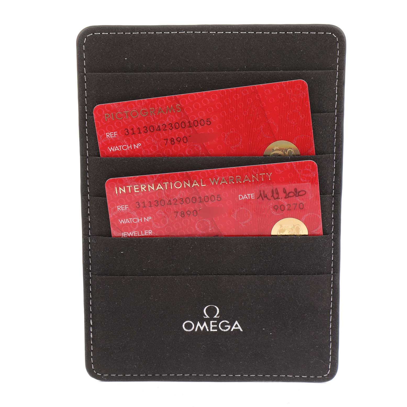 The image shows a black Omega cardholder with warranty and pictogram cards for the Omega Speedmaster 311.30.42.30.01.005 Men
s Stainless Steel Black Dial 311.30.42.30.01.005 Men
s Stainless Steel Black Dial model.