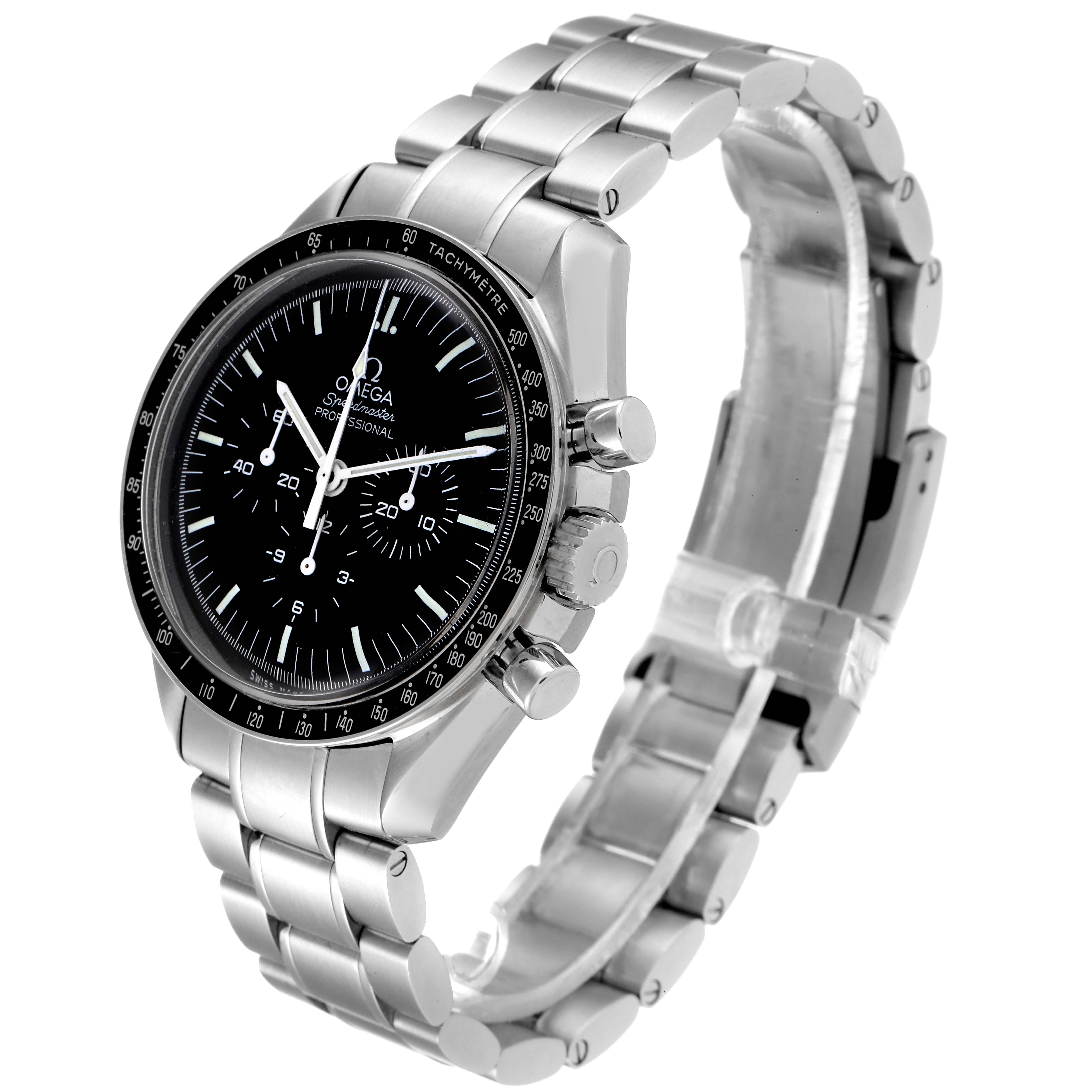 The image shows an Omega Speedmaster 311.30.42.30.01.005 Men
s Stainless Steel Black Dial 311.30.42.30.01.005 Men
s Stainless Steel Black Dial watch at a three-quarter angle, highlighting its face, bezel, crown, chronograph pushers, and bracelet.