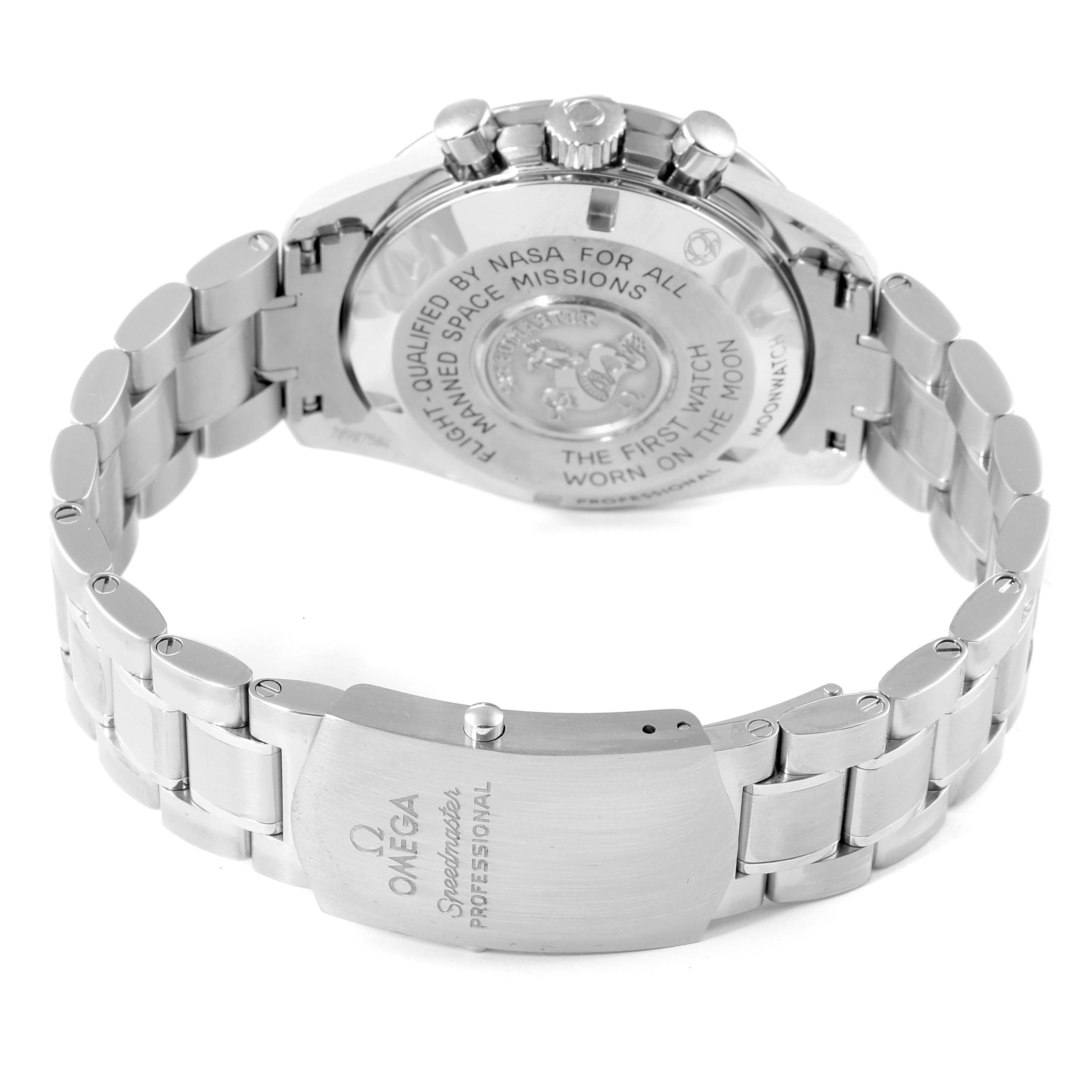 The image shows the back and clasp of an Omega Speedmaster 311.30.42.30.01.005 Men
s Stainless Steel Black Dial 311.30.42.30.01.005 Men
s Stainless Steel Black Dial watch, highlighting its stainless steel bracelet and engraved case back.