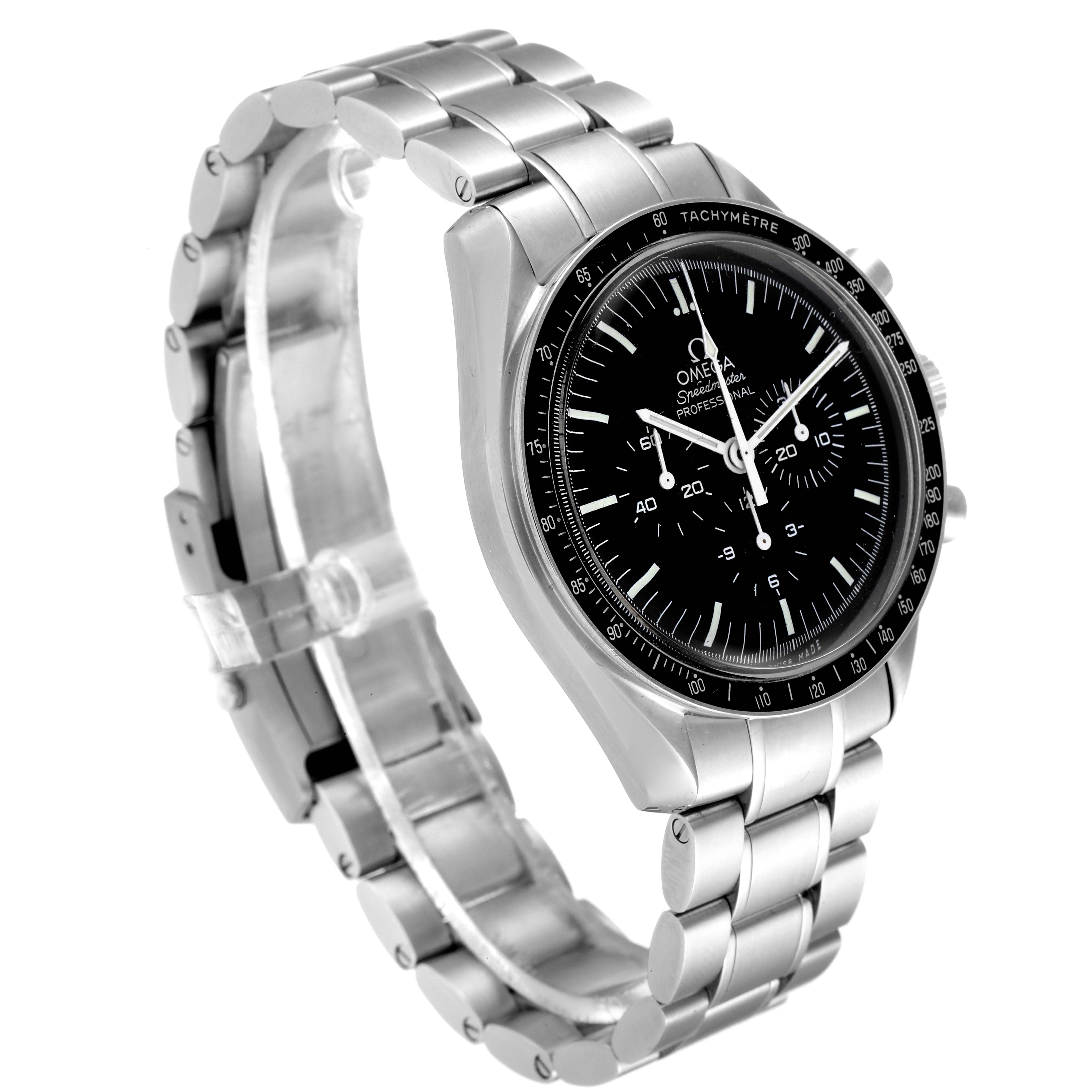 The image shows an angled view of an Omega Speedmaster 311.30.42.30.01.005 Men
s Stainless Steel Black Dial 311.30.42.30.01.005 Men
s Stainless Steel Black Dial watch, highlighting the face, bezel, case, and metal bracelet.