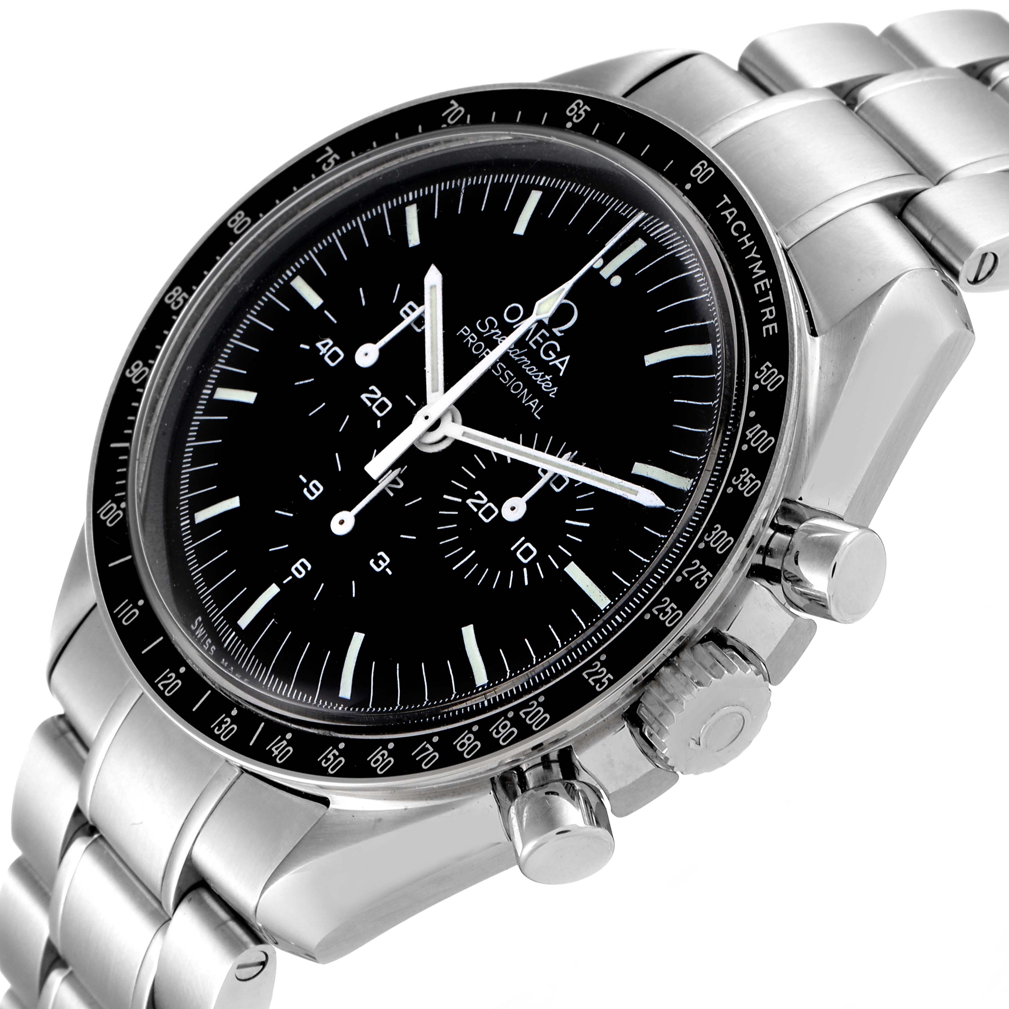 This image shows a close-up angle of the Omega Speedmaster 311.30.42.30.01.005 Men
s Stainless Steel Black Dial 311.30.42.30.01.005 Men
s Stainless Steel Black Dial watch focusing on the dial, bezel, and chronograph pushers.