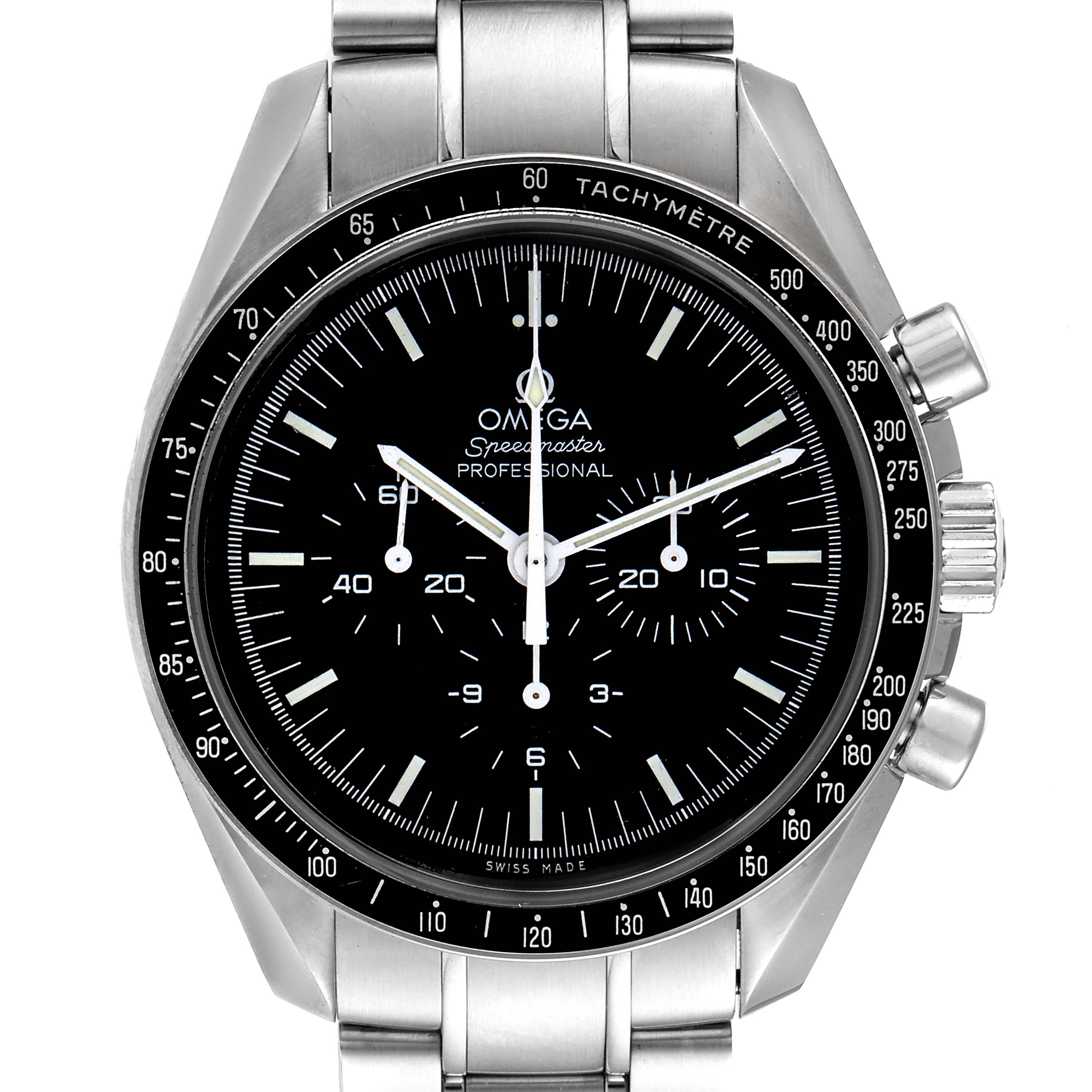 The image shows a front view of the Omega Speedmaster 311.30.42.30.01.005 Men
s Stainless Steel Black Dial 311.30.42.30.01.005 Men
s Stainless Steel Black Dial, displaying its black dial, chronograph subdials, and stainless steel bracelet.