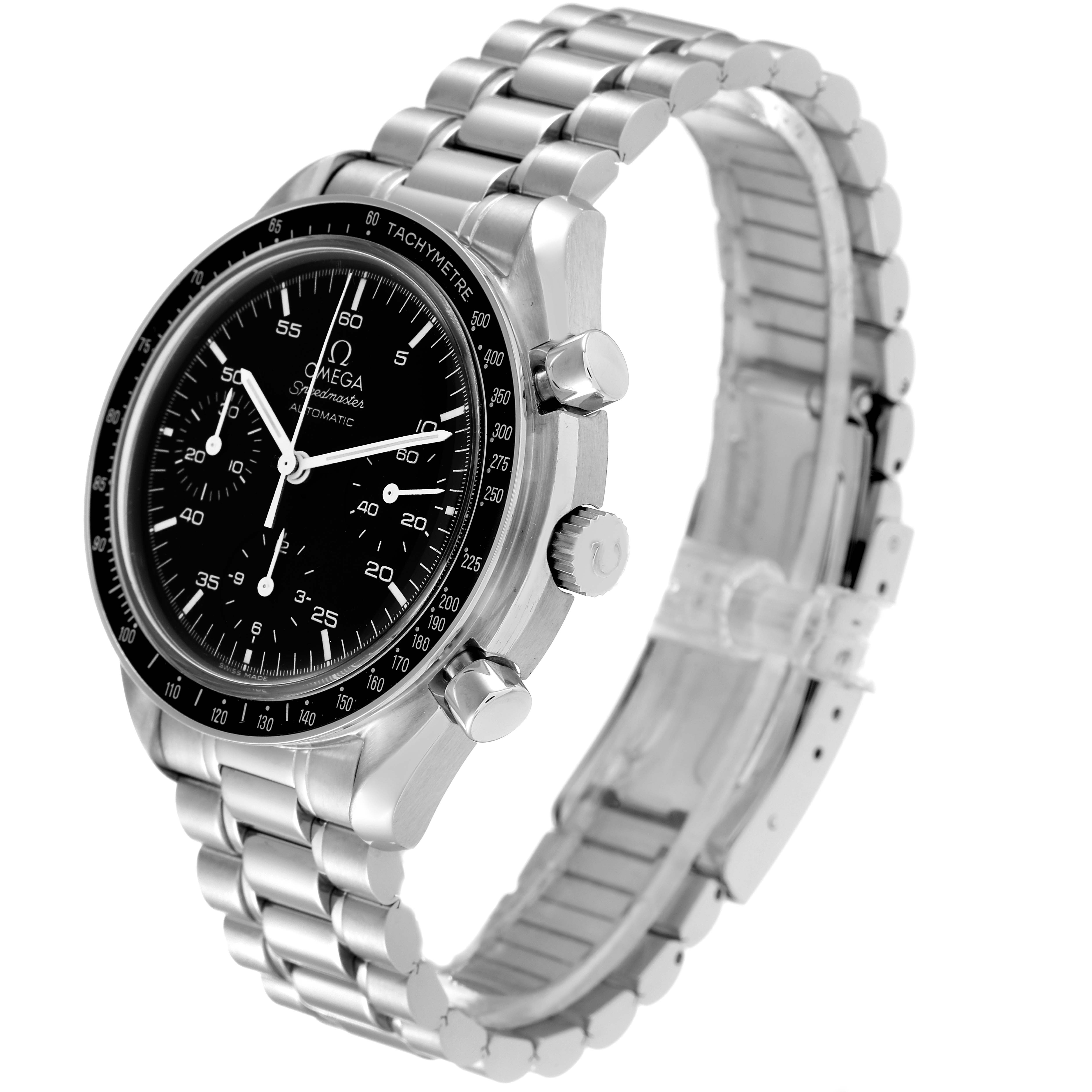 The image shows a side view of an Omega Speedmaster 3510.50.00 Men
s Stainless Steel Black Dial 3510.50.00 Men
s Stainless Steel Black Dial watch, highlighting the face, bezel, buttons, crown, and bracelet.