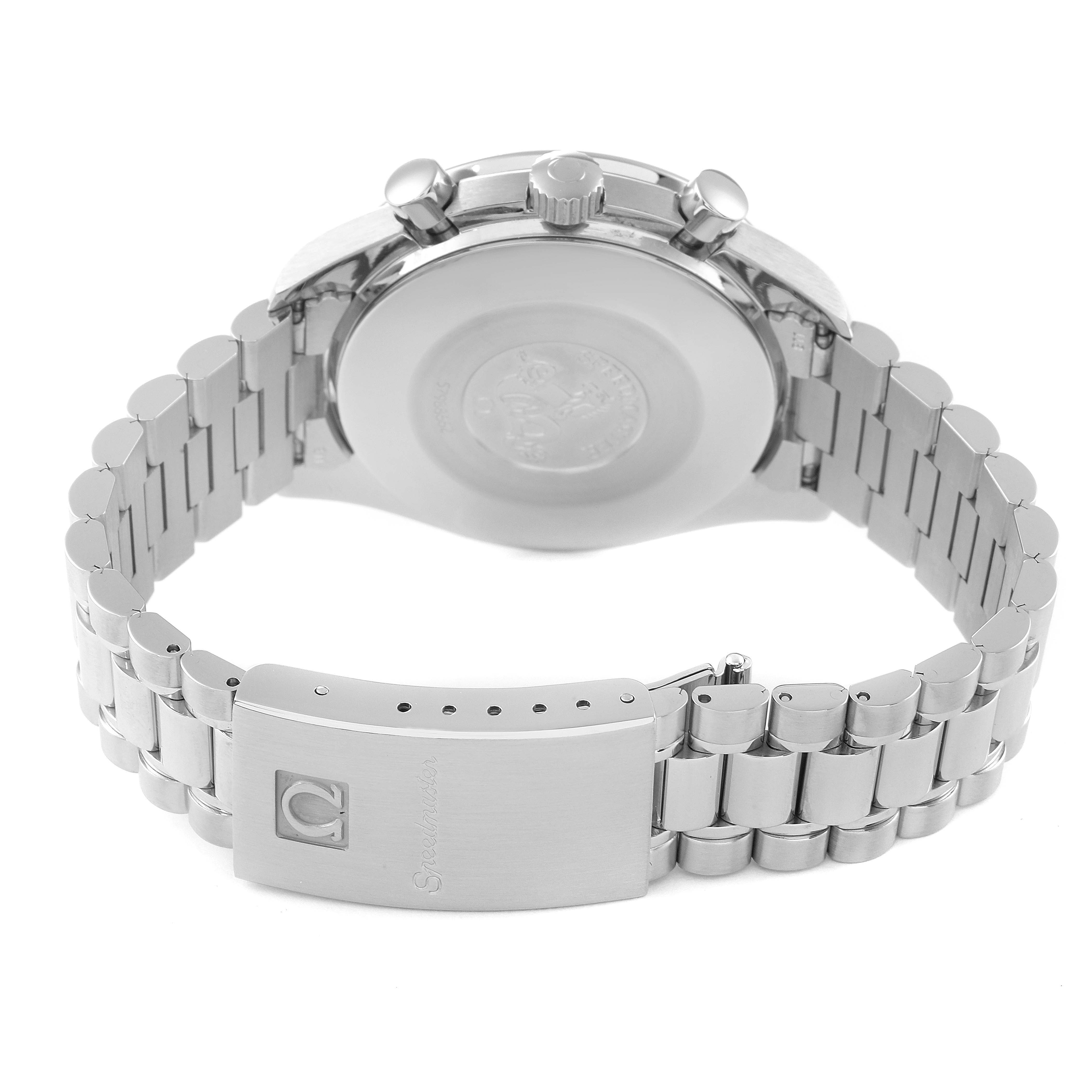 The image shows the back view of the Omega Speedmaster 3510.50.00 Men
s Stainless Steel Black Dial 3510.50.00 Men
s Stainless Steel Black Dial watch, focusing on the metal bracelet and clasp.