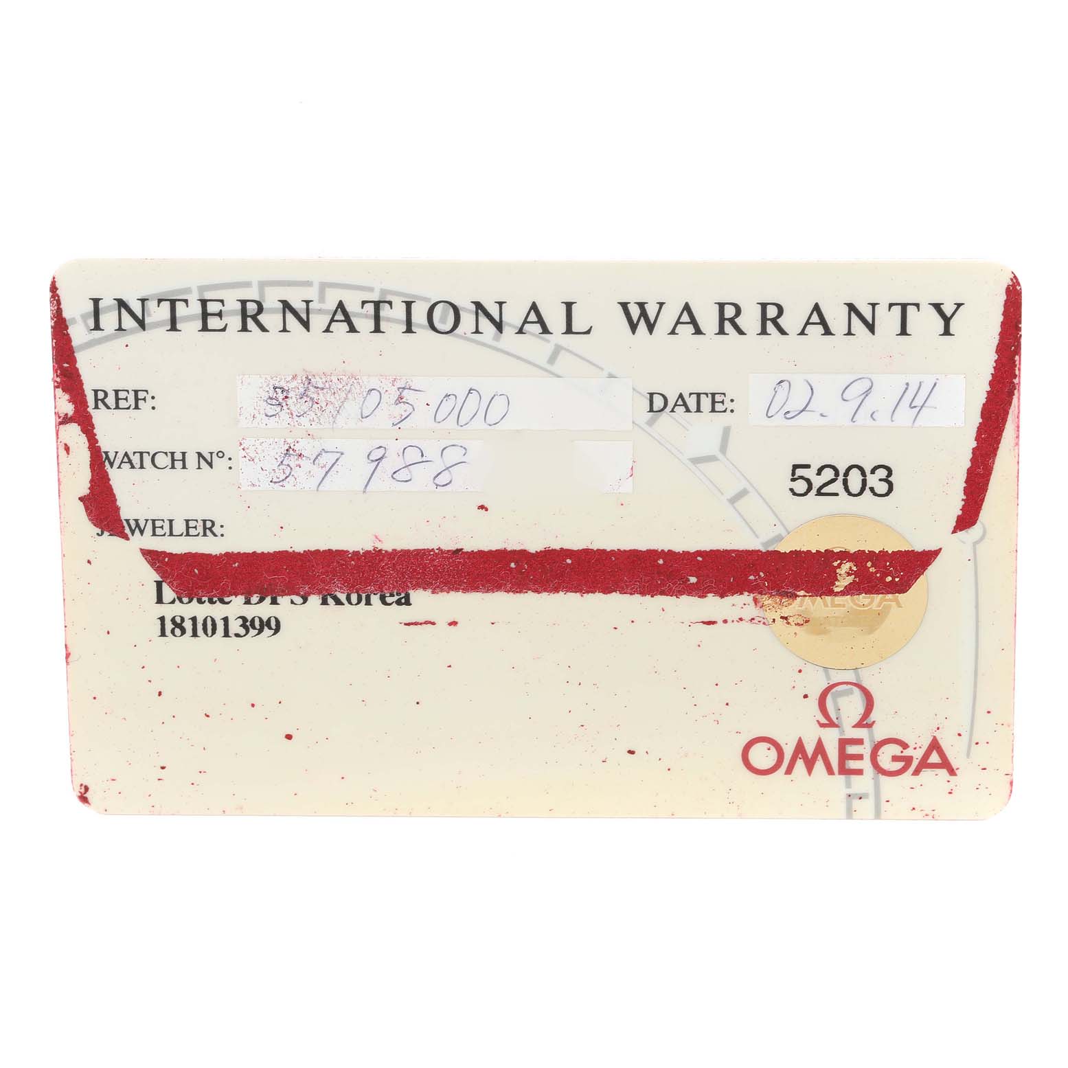 This image shows the front side of an International Warranty card for an Omega Speedmaster 3510.50.00 Men
s Stainless Steel Black Dial 3510.50.00 Men
s Stainless Steel Black Dial watch.