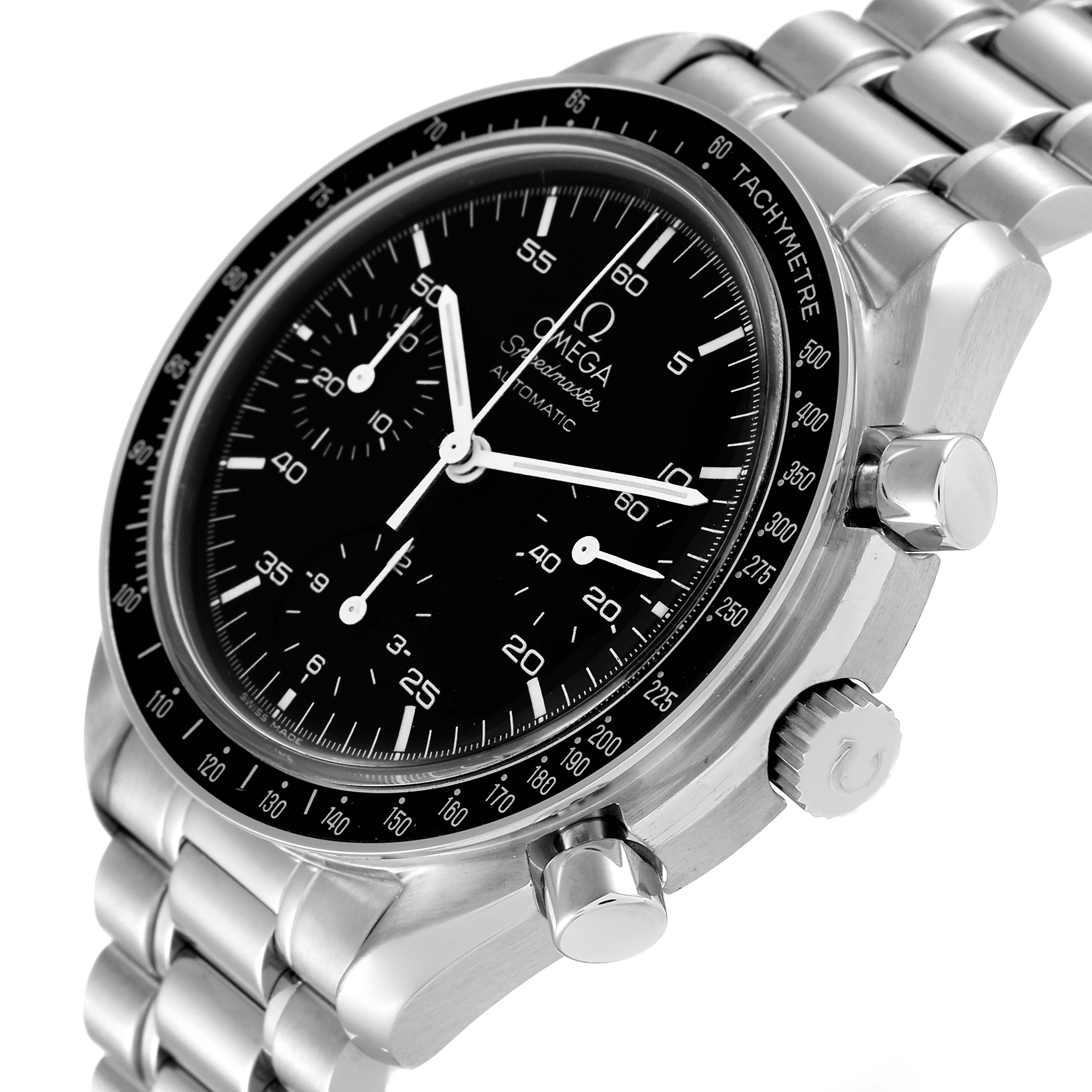 This image shows an Omega Speedmaster 3510.50.00 Men
s Stainless Steel Black Dial 3510.50.00 Men
s Stainless Steel Black Dial watch at a three-quarter angle, highlighting the black dial, tachymeter bezel, and stainless steel bracelet.