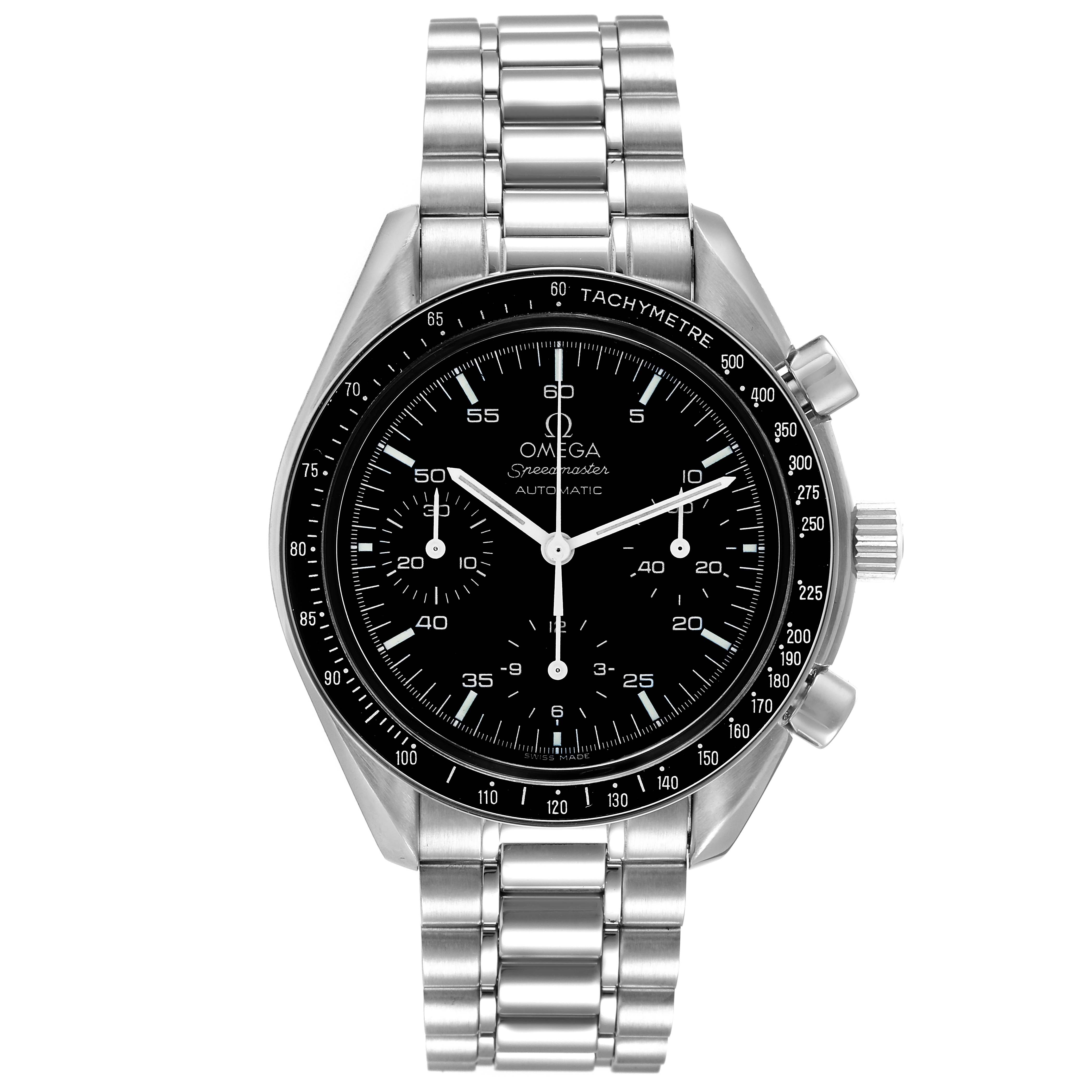 The image shows a front view of an Omega Speedmaster 3510.50.00 Men
s Stainless Steel Black Dial 3510.50.00 Men
s Stainless Steel Black Dial watch displaying its face, bezel, and metal bracelet.