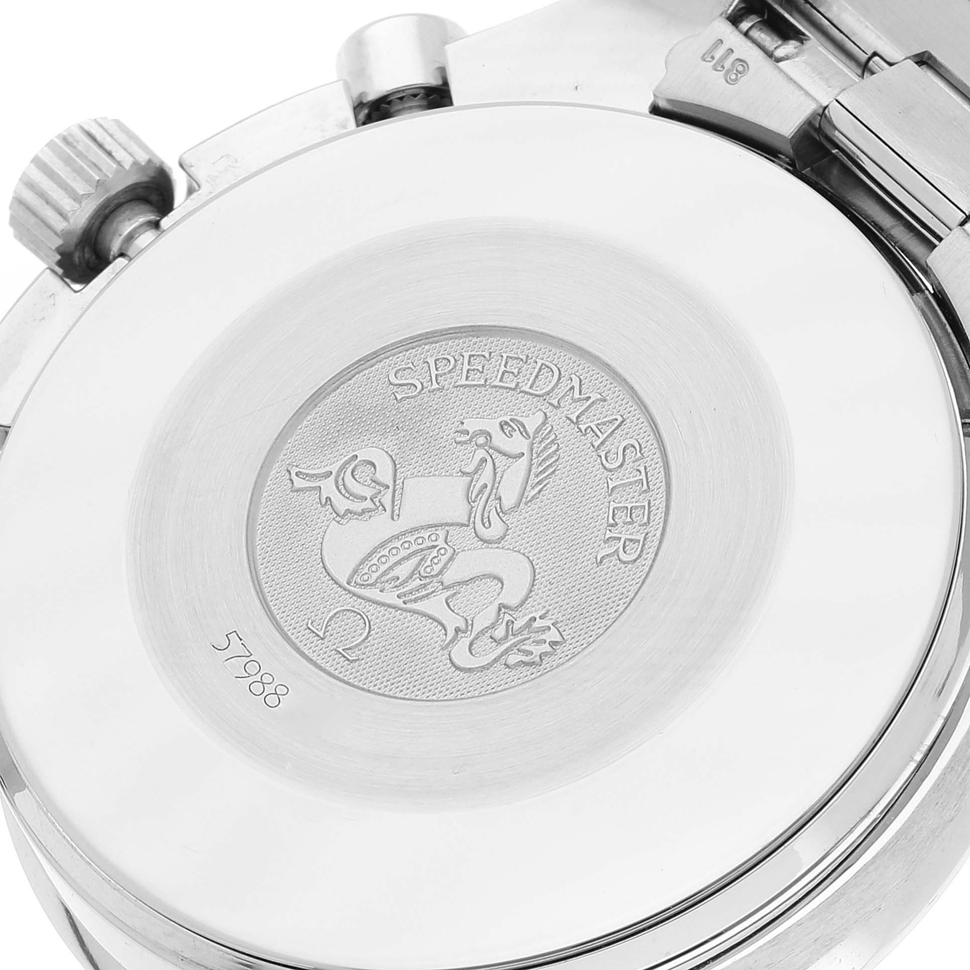 The image shows the back case of an Omega Speedmaster 3510.50.00 Men
s Stainless Steel Black Dial 3510.50.00 Men
s Stainless Steel Black Dial watch with engravings and the crown partially visible.