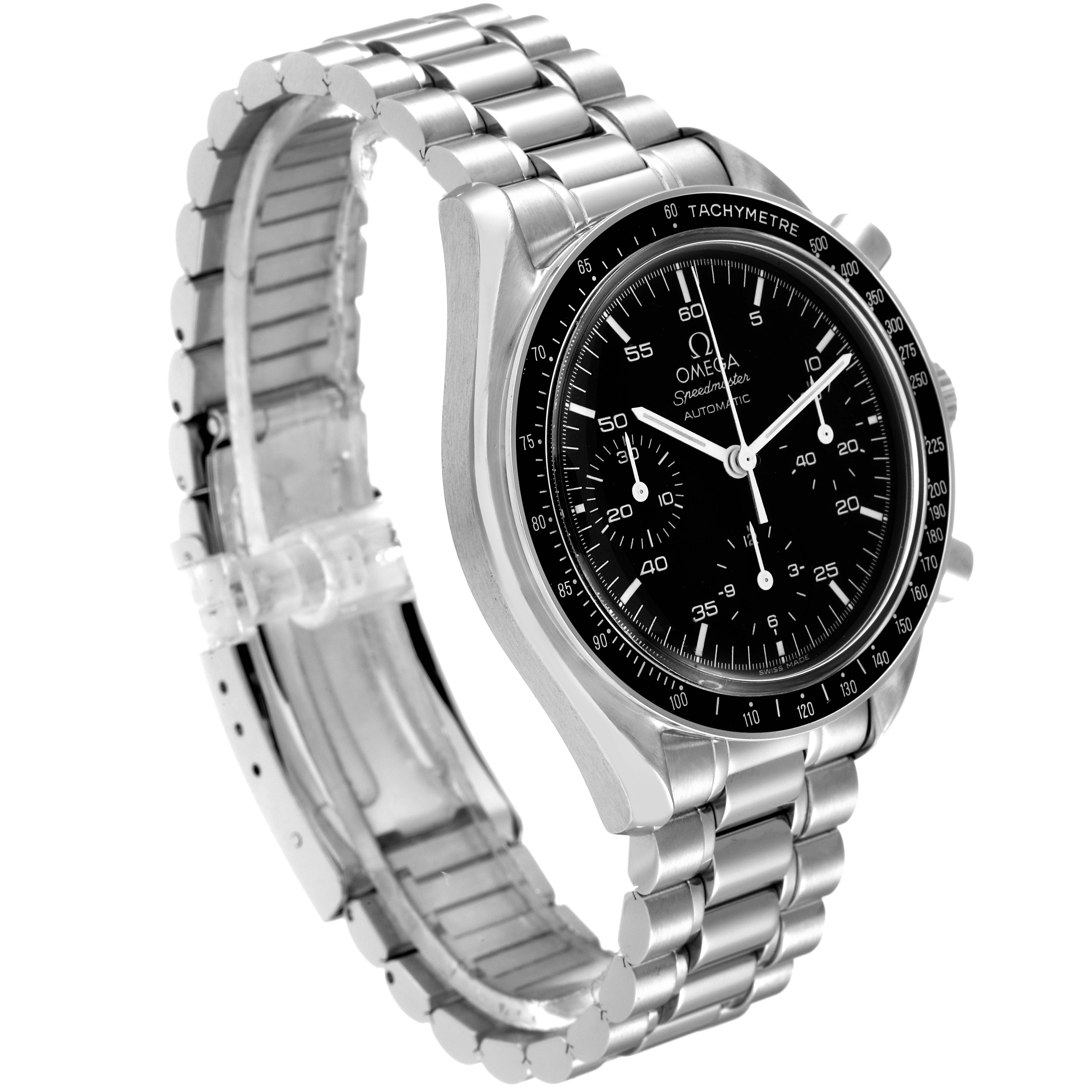 The image shows a side angle of an Omega Speedmaster 3510.50.00 Men
s Stainless Steel Black Dial 3510.50.00 Men
s Stainless Steel Black Dial watch, highlighting its bracelet and black dial with tachymeter.