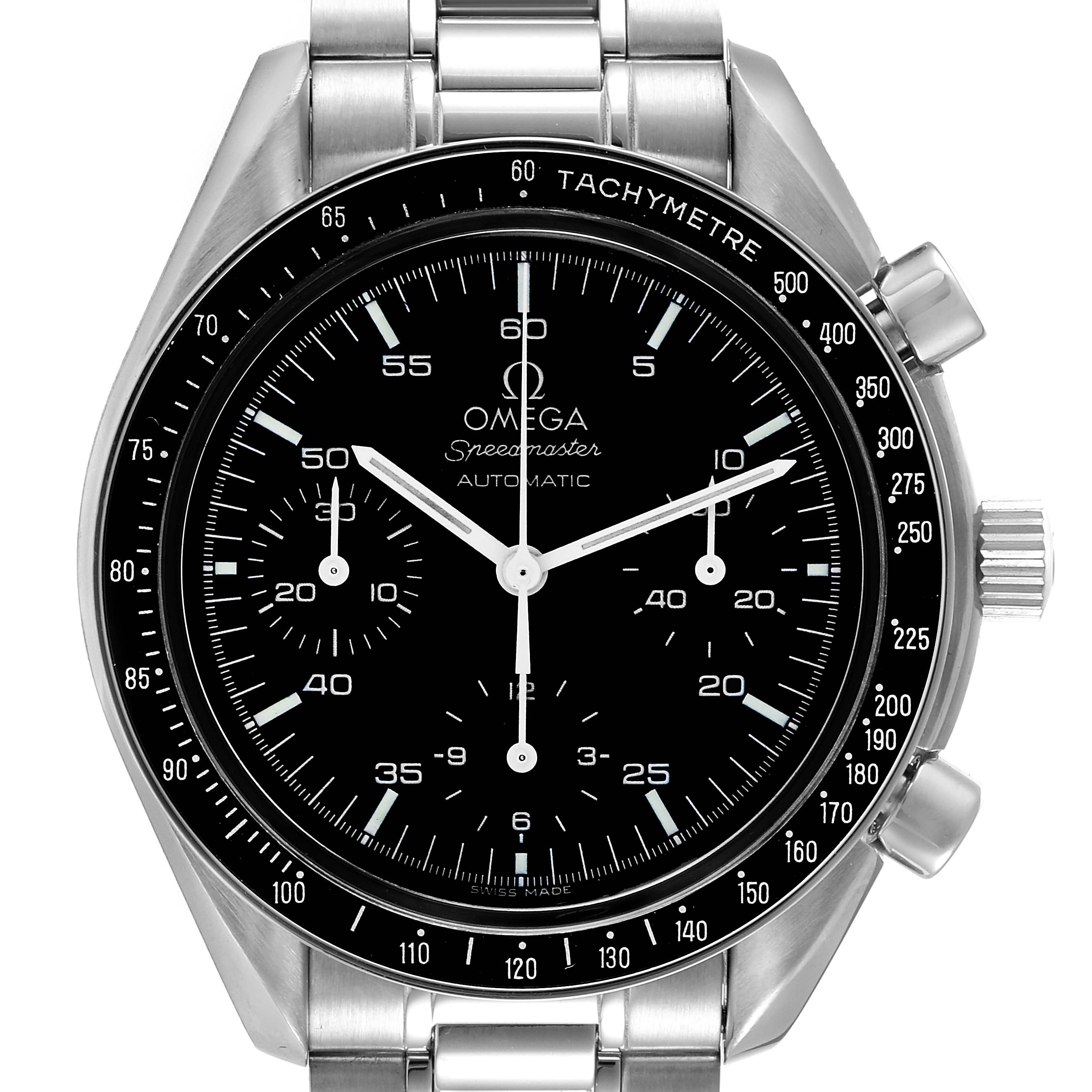 The image shows a frontal view of an Omega Speedmaster 3510.50.00 Men
s Stainless Steel Black Dial 3510.50.00 Men
s Stainless Steel Black Dial watch, displaying its dial, tachymeter, and metal bracelet.