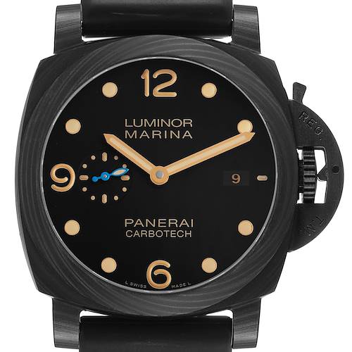 The Panerai Luminor PAM00661 Men's Ceramic Black Dial watch is shown from a top-down angle, highlighting the face, dial, crown guard, and strap attachments.