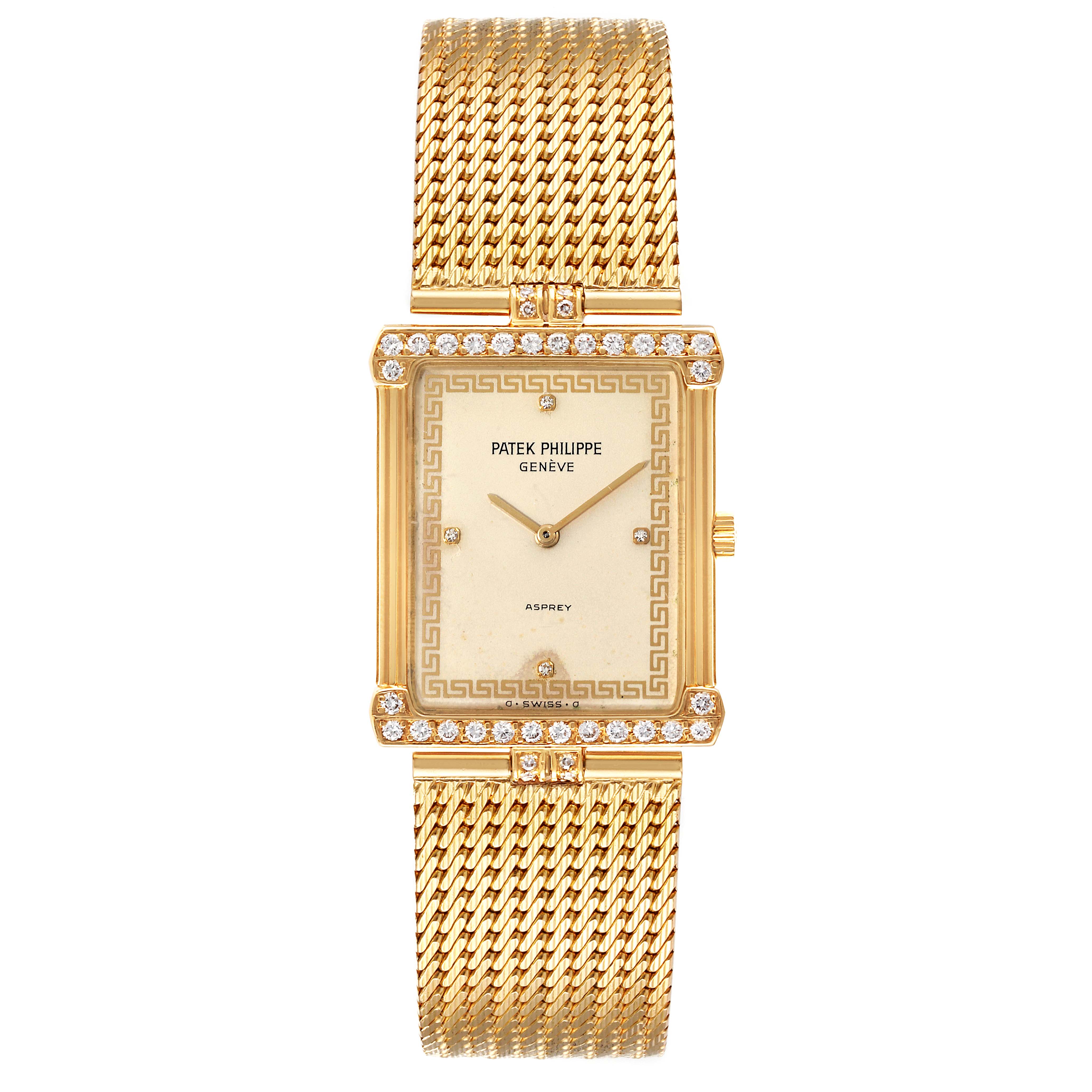 The image shows a front view of the Patek Philippe Gondolo 3776/2 Men's Yellow Gold Beige Dial 3776/2 Men's Yellow Gold Beige Dial watch, highlighting its rectangular face and gold bracelet.