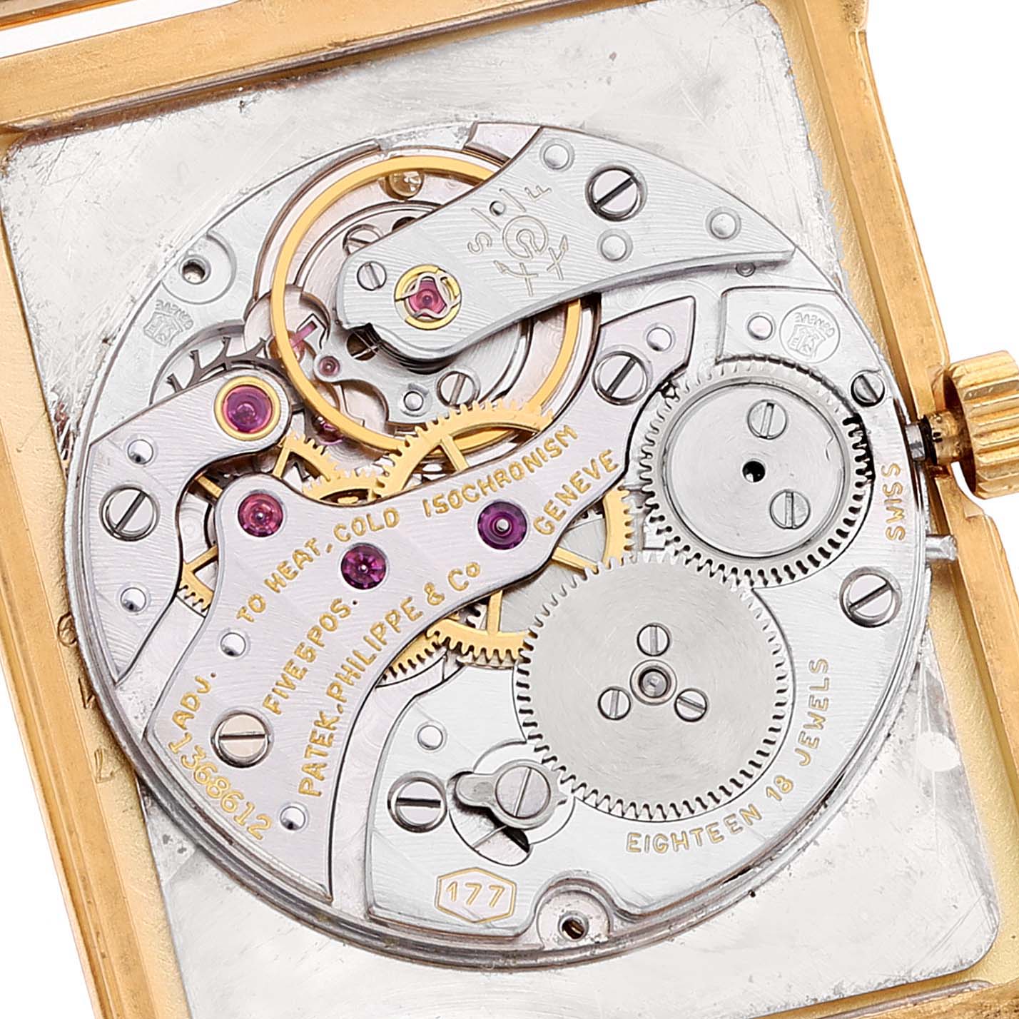 This image shows the intricate movement and internal components of a Patek Philippe Gondolo 3776/2 Men's Yellow Gold Beige Dial 3776/2 Men's Yellow Gold Beige Dial watch.