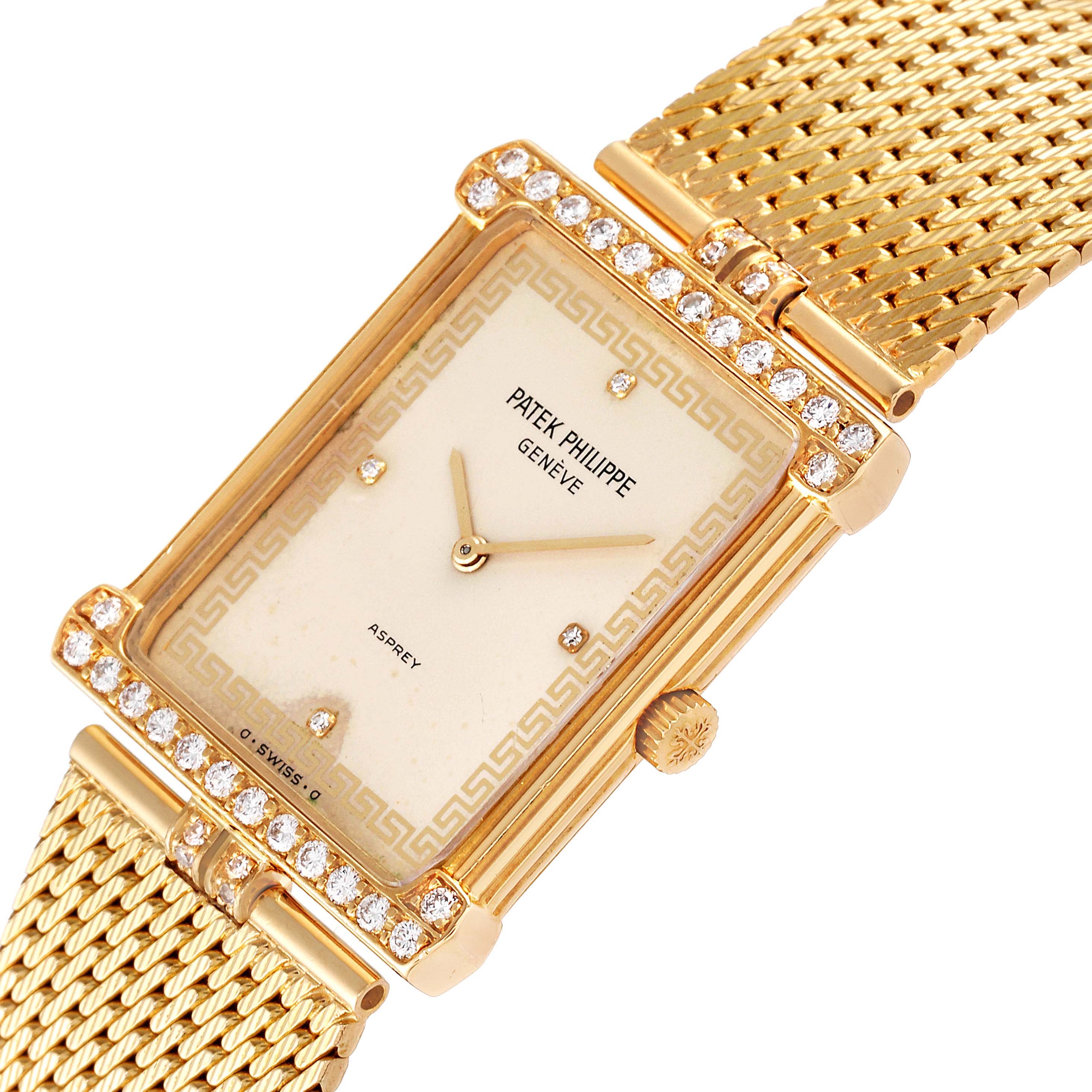 The image shows a close-up angle of the Patek Philippe Gondolo 3776/2 Men's Yellow Gold Beige Dial 3776/2 Men's Yellow Gold Beige Dial watch, featuring its rectangular dial, diamond accents, and gold mesh bracelet.