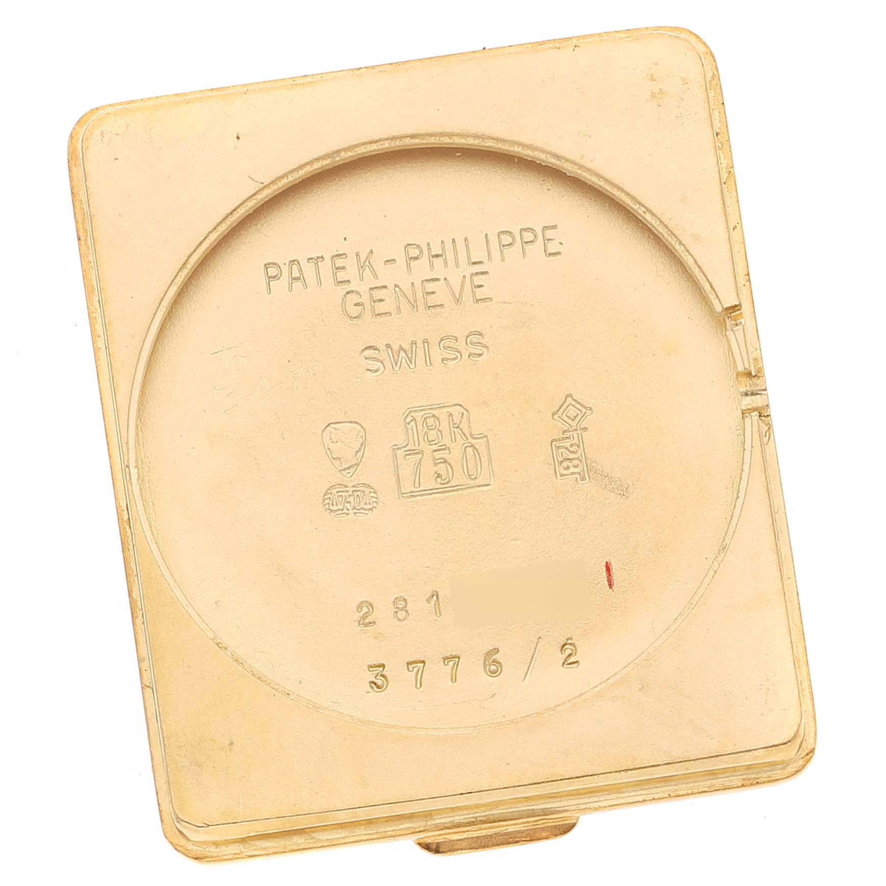 The image shows the inner case back of a Patek Philippe Gondolo 3776/2 Men's Yellow Gold Beige Dial 3776/2 Men's Yellow Gold Beige Dial watch, highlighting the brand, model number, and hallmark engravings.
