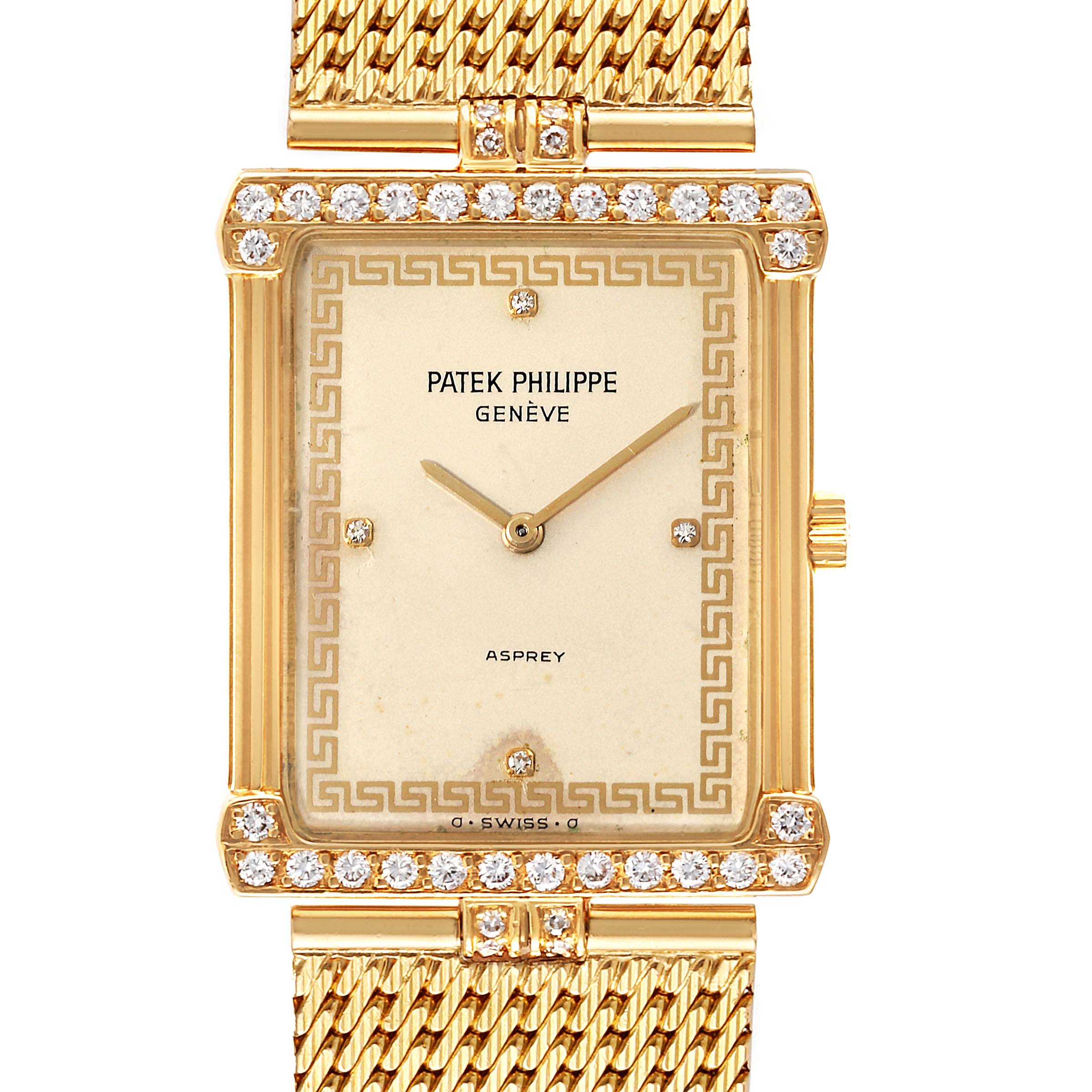 The image shows a front view of the Patek Philippe Gondolo 3776/2 Men's Yellow Gold Beige Dial 3776/2 Men's Yellow Gold Beige Dial watch, highlighting its rectangular face, gold bracelet, and diamond accents.