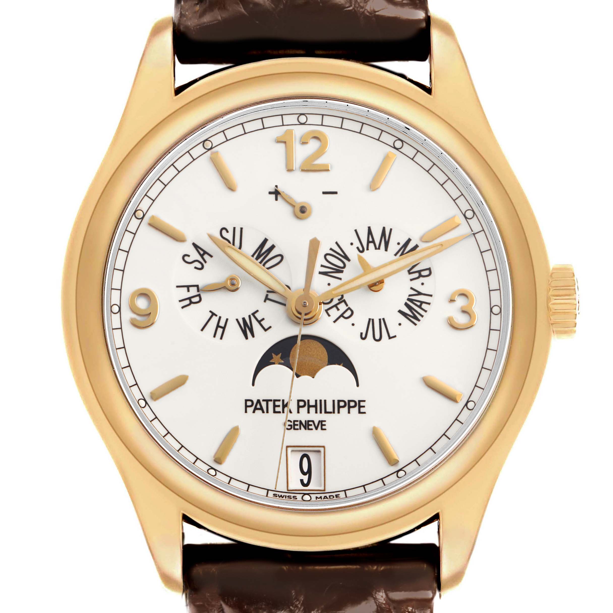 The Patek Philippe Complications 5146J-001 Men's Yellow Gold Beige Dial watch is shown from the front, displaying its dial, hands, moon phase, and date indicators.