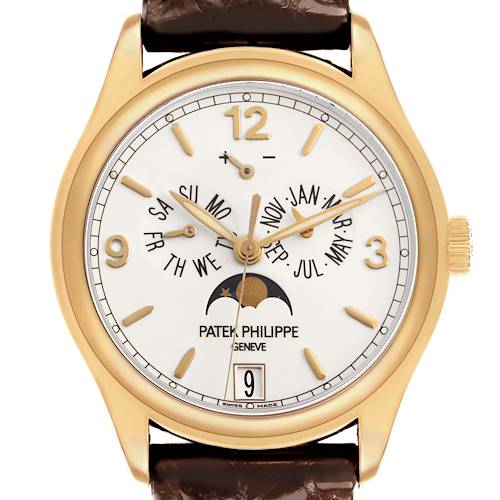 The Patek Philippe Complications 5146J-001 Men's Yellow Gold Beige Dial watch is shown from a front angle, displaying its dial with hour, minute, and second hands.