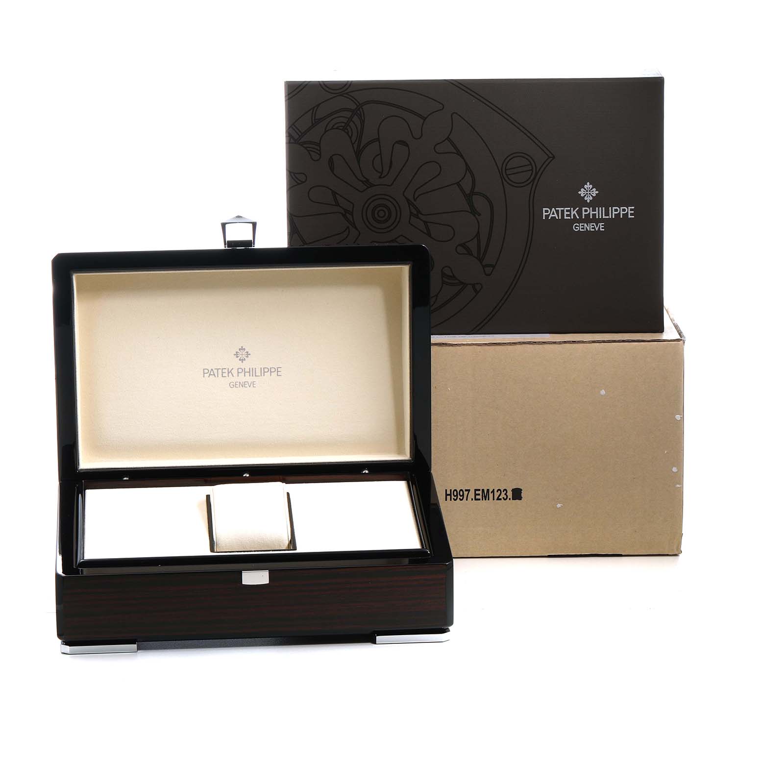 The image shows an open Patek Philippe Complications 5146J-001 Men's Yellow Gold Beige Dial watch box and outer packaging from a front angle.