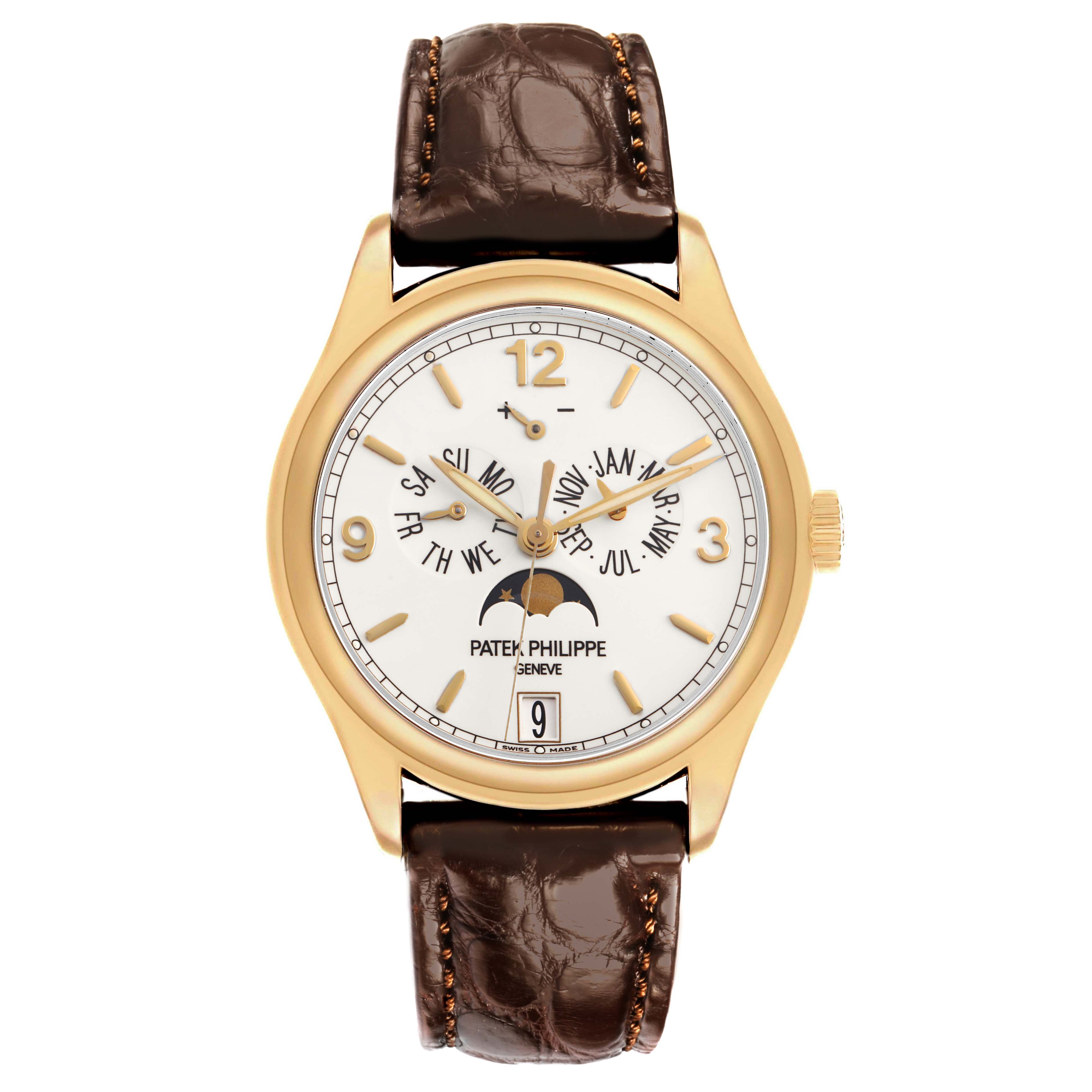 The Patek Philippe Complications 5146J-001 Men's Yellow Gold Beige Dial watch is shown from a front angle, displaying its dial, case, and leather strap.
