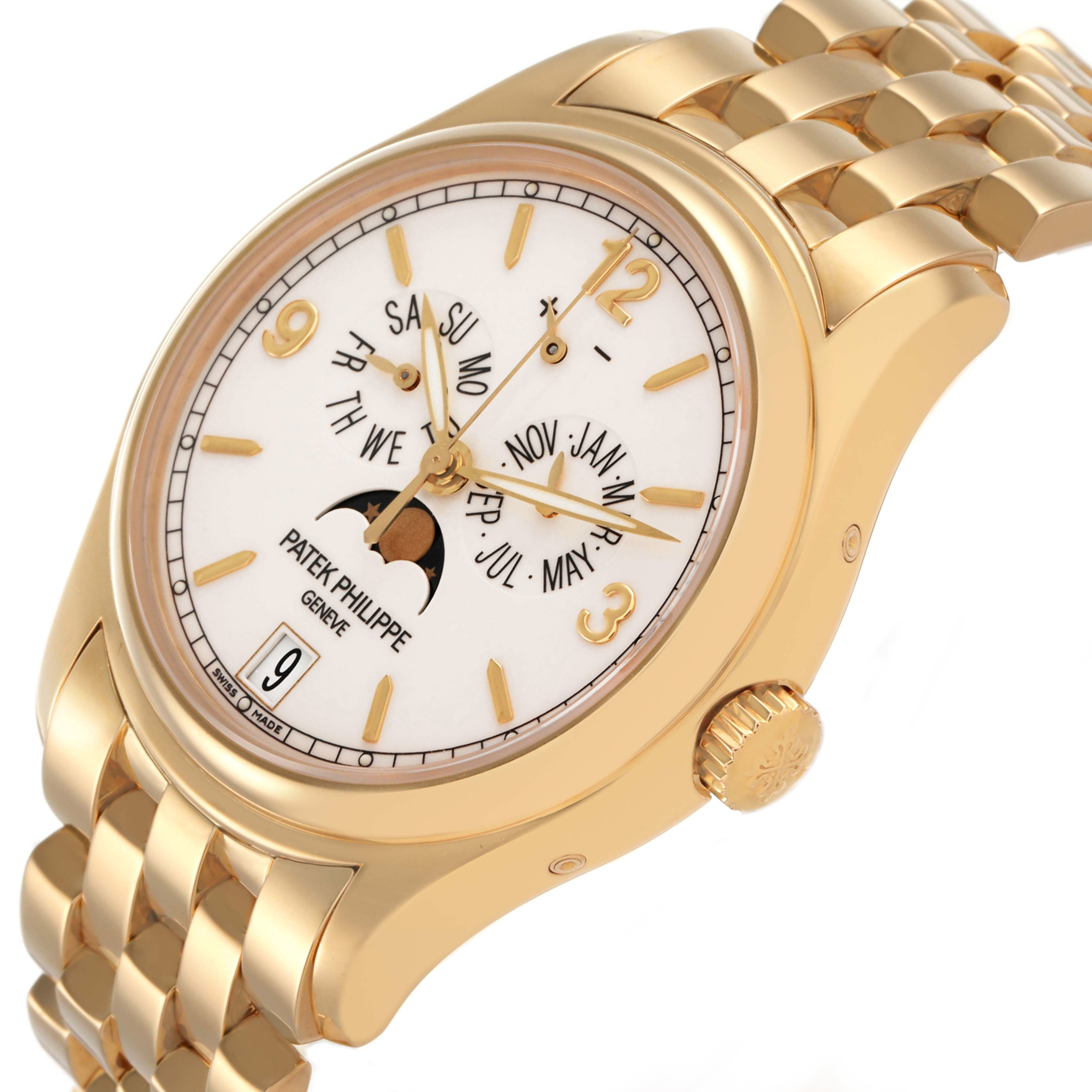 The Patek Philippe Complications 5146/1J-001 Men's Yellow Gold White Dial watch is shown at an angled view highlighting its face, case, crown, and bracelet.
