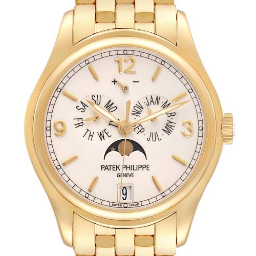 The Patek Philippe Complications 5146/1J-001 Men's Yellow Gold White Dial watch is shown from the front, highlighting the dial, moon phase, calendar, and gold bracelet.