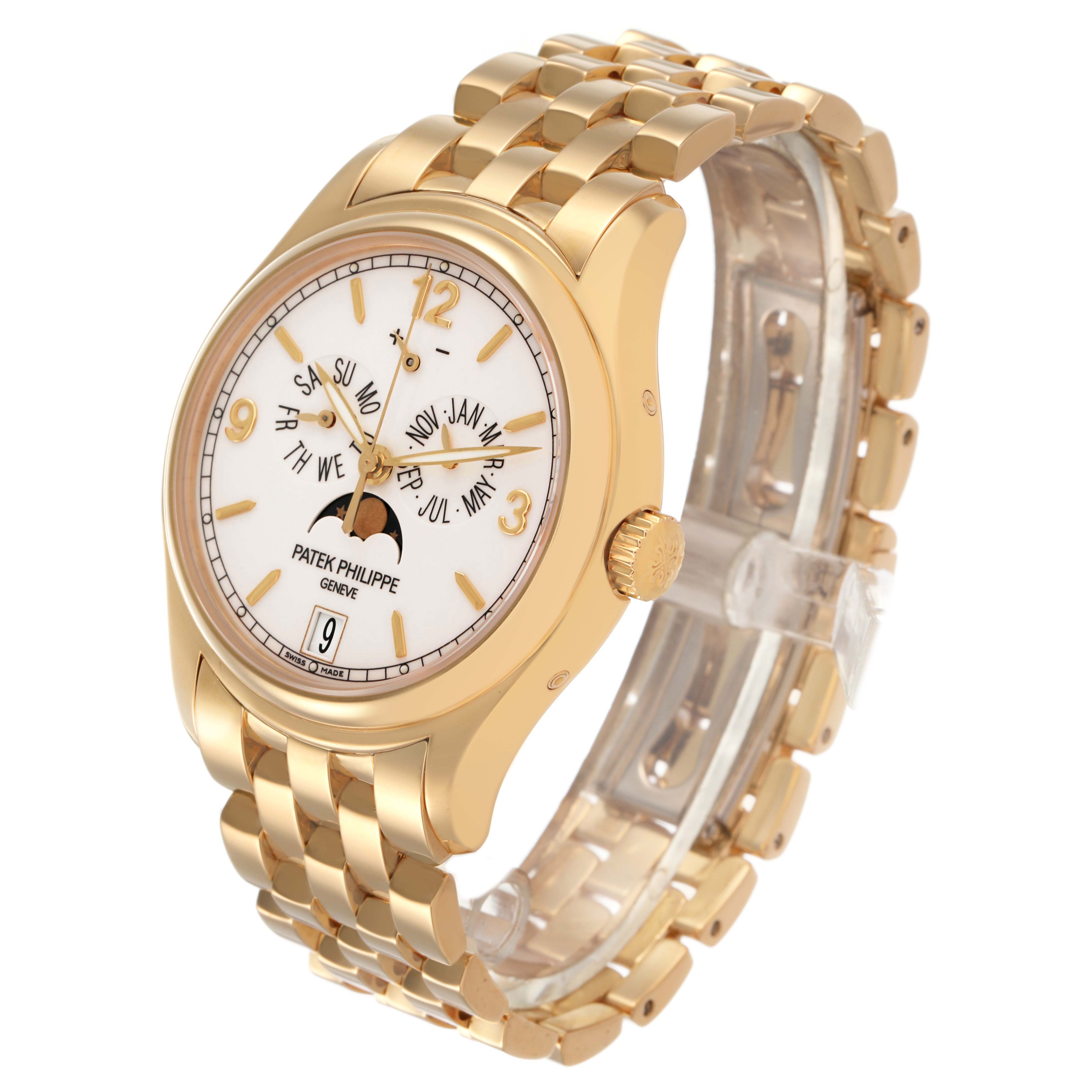 The Patek Philippe Complications 5146/1J-001 Men's Yellow Gold White Dial watch is shown at a three-quarter angle, displaying the face, crown, and bracelet.