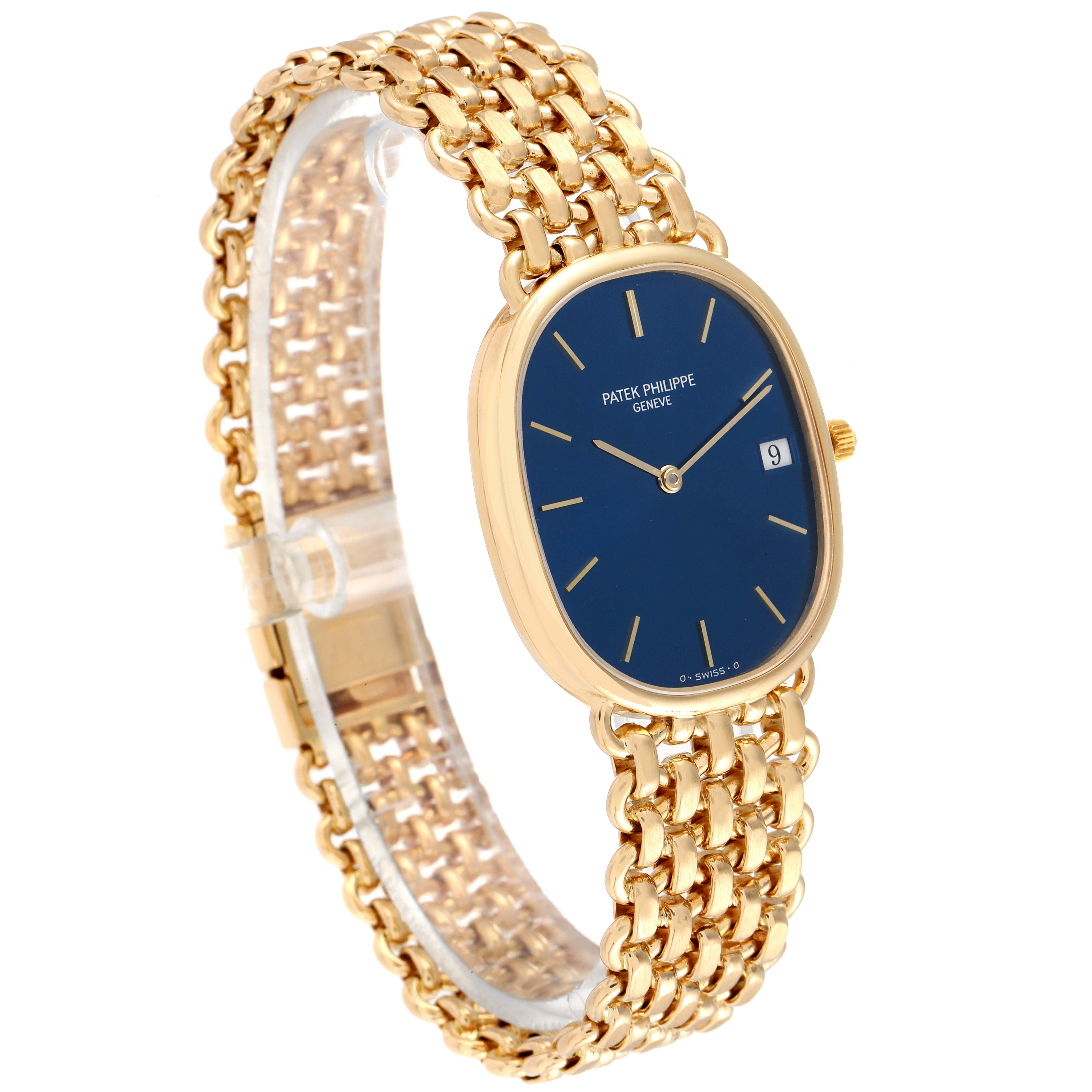 The image shows a Patek Philippe Golden Ellipse 3788 Women's Yellow Gold Blue Dial 3788 Women's Yellow Gold Blue Dial watch from a side angle, highlighting its face, bezel, and gold bracelet.
