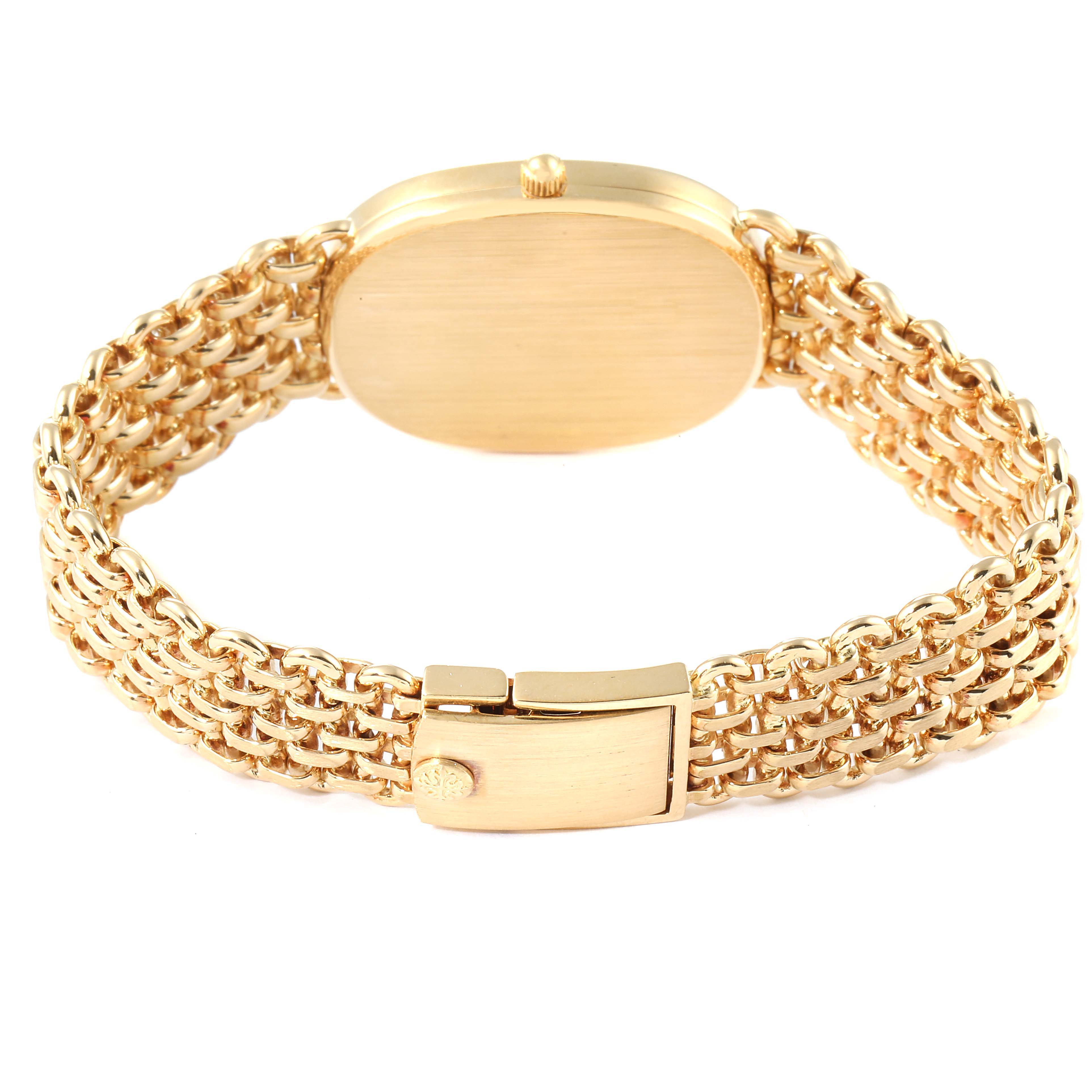 The image shows the back view of a Patek Philippe Golden Ellipse 3788 Women's Yellow Gold Blue Dial 3788 Women's Yellow Gold Blue Dial watch, highlighting the bracelet and clasp.