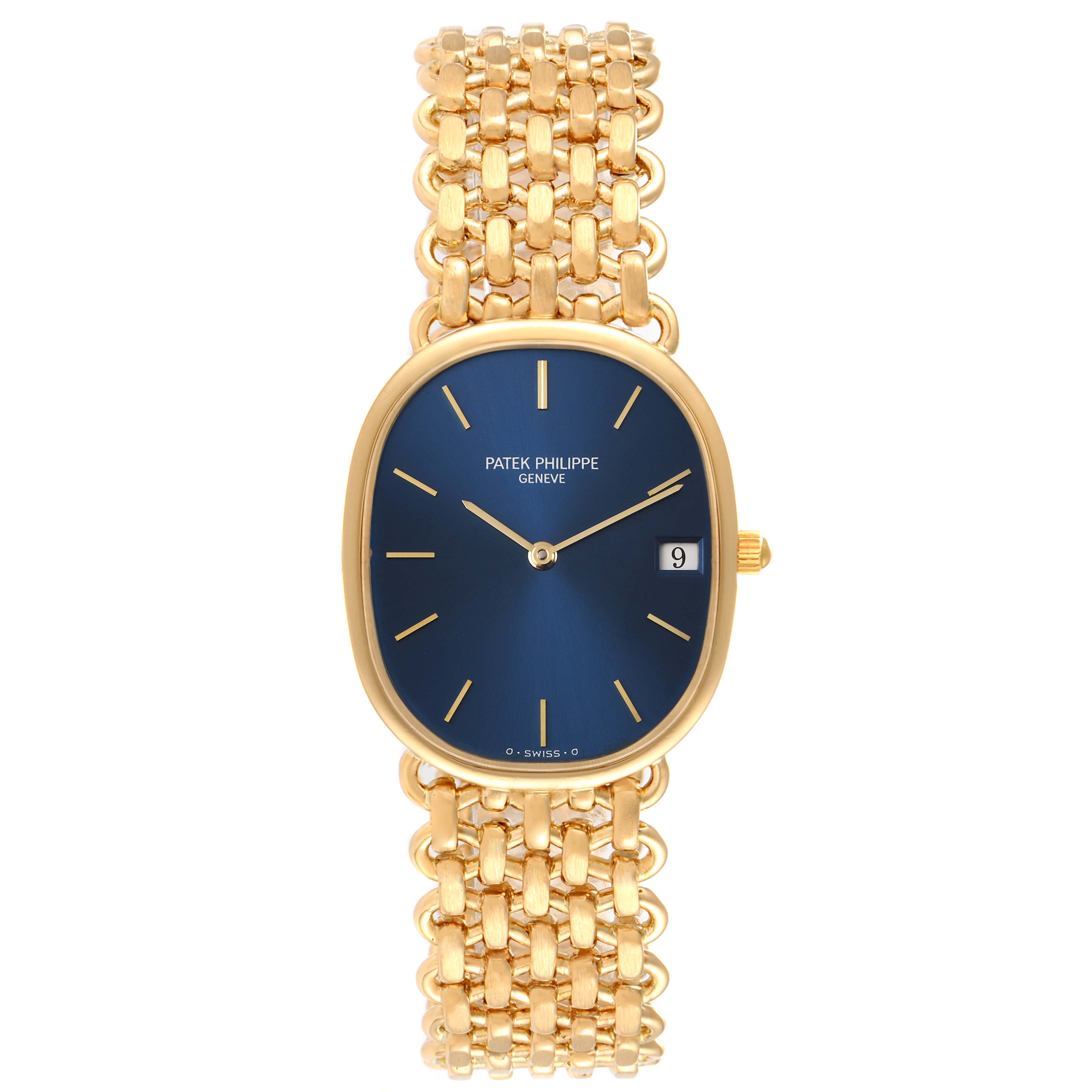 The Patek Philippe Golden Ellipse 3788 Women's Yellow Gold Blue Dial 3788 Women's Yellow Gold Blue Dial watch is shown from the front, displaying its blue dial, gold case, and woven gold bracelet.