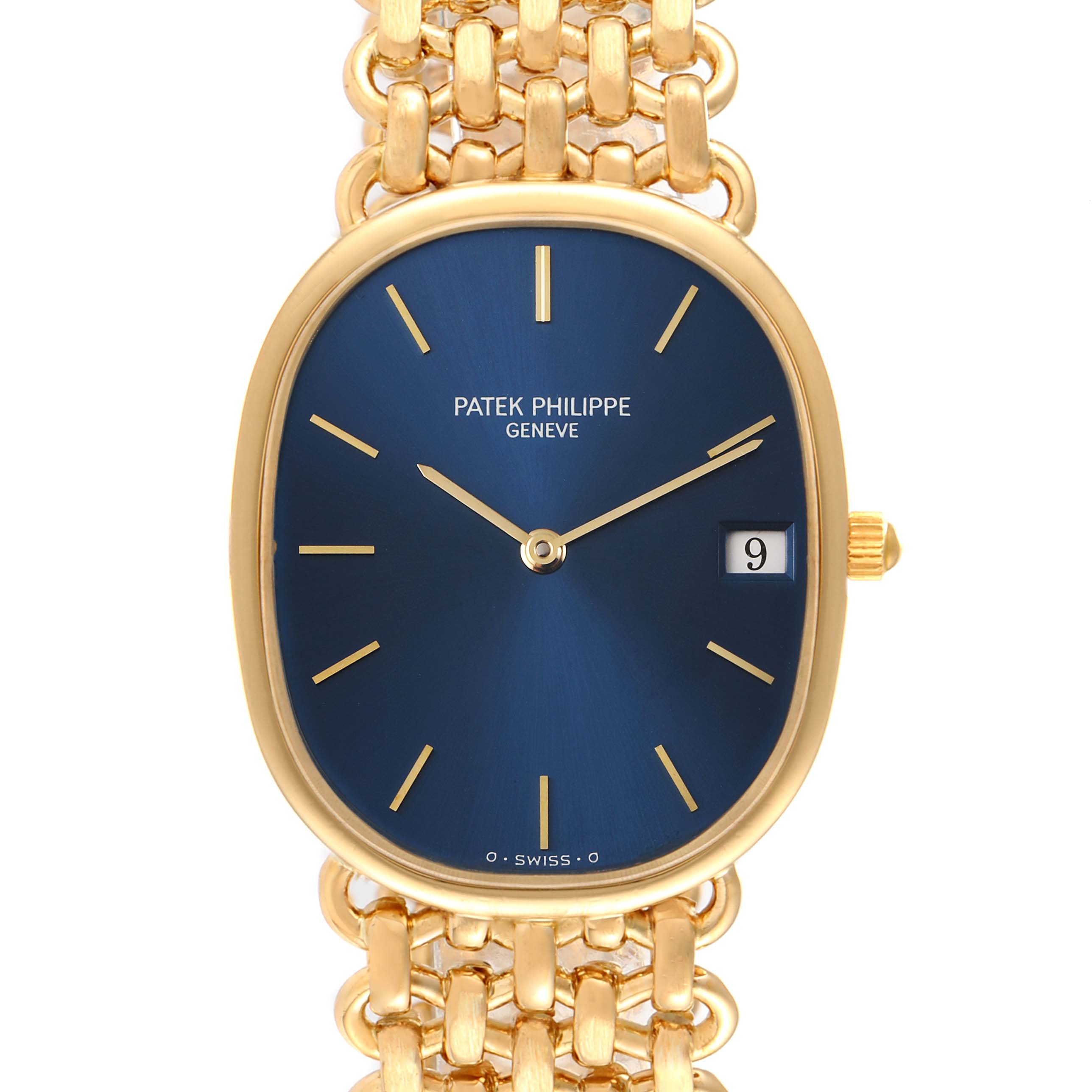 The image shows a frontal view of the Patek Philippe Golden Ellipse 3788 Women's Yellow Gold Blue Dial 3788 Women's Yellow Gold Blue Dial watch, highlighting its blue dial, gold casing, and woven gold bracelet.