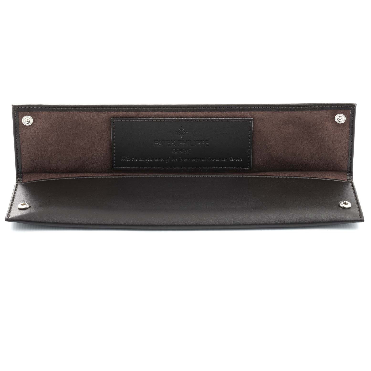 This image shows an open leather case for the Patek Philippe Golden Ellipse 3788 Women's Yellow Gold Blue Dial 3788 Women's Yellow Gold Blue Dial watch, fully opened and displaying interior branding.