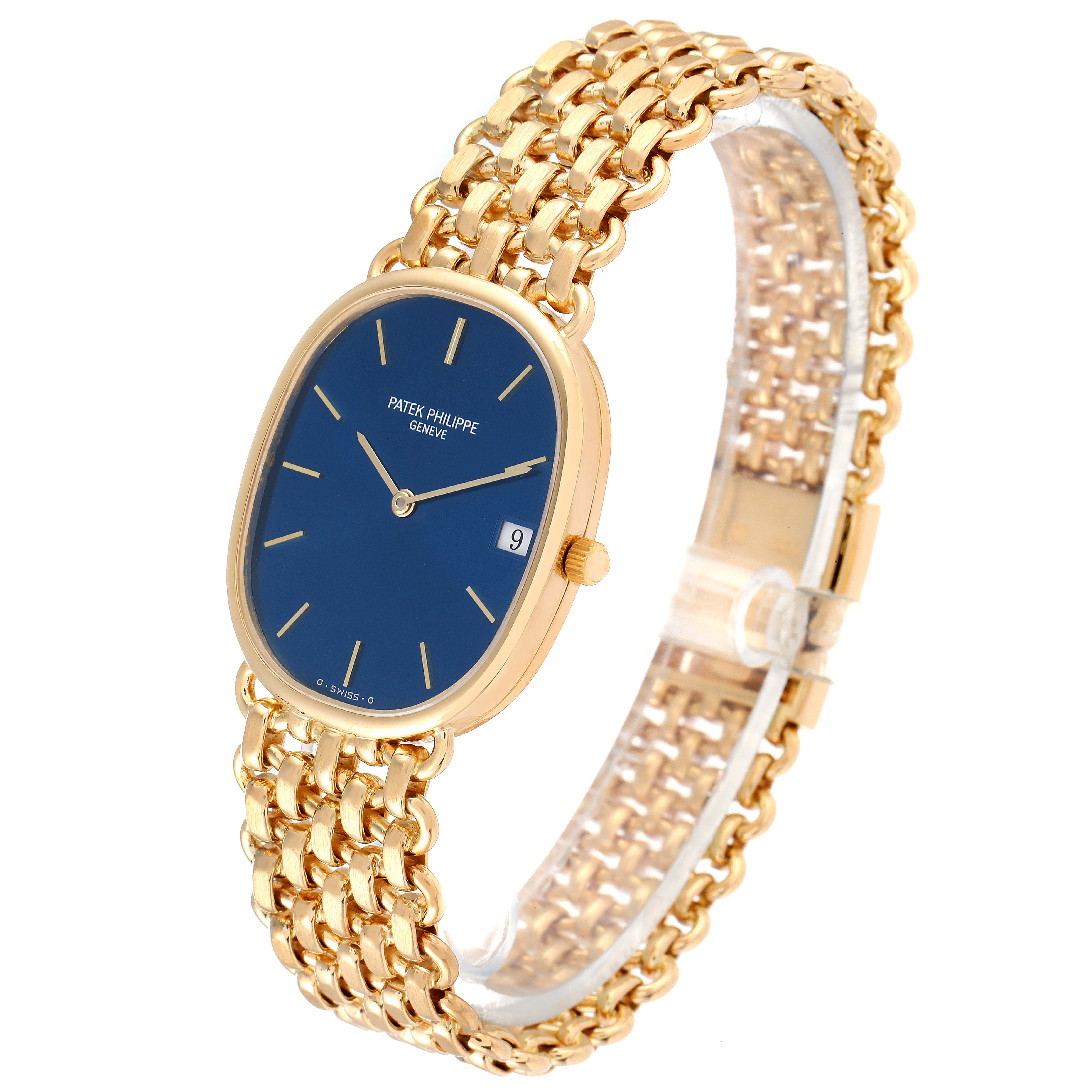 This image shows a side angle of the Patek Philippe Golden Ellipse 3788 Women's Yellow Gold Blue Dial 3788 Women's Yellow Gold Blue Dial watch, featuring its blue dial and gold bracelet.