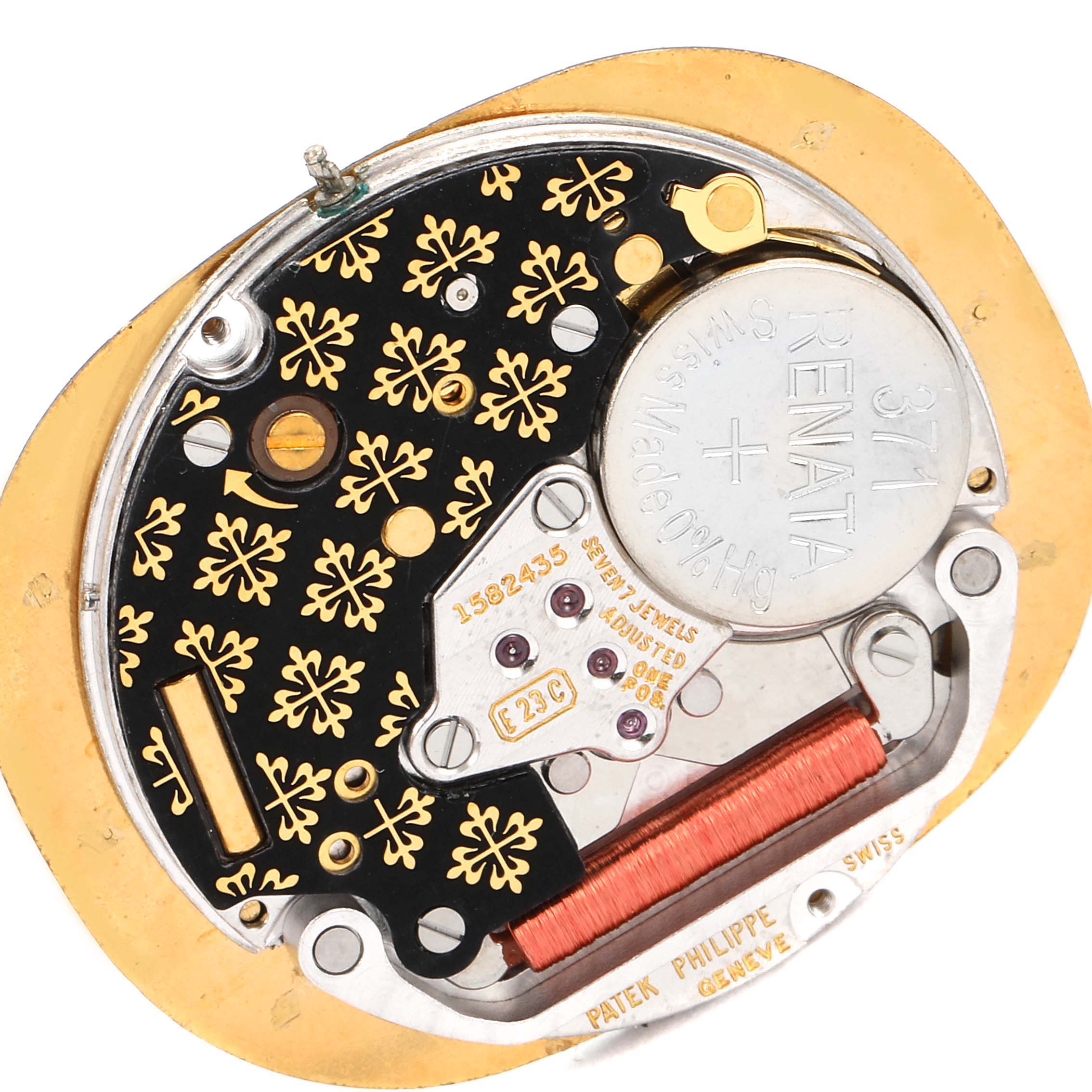This image shows the internal movement components of a Patek Philippe Golden Ellipse 3788 Women's Yellow Gold Blue Dial 3788 Women's Yellow Gold Blue Dial watch from a top-down angle.