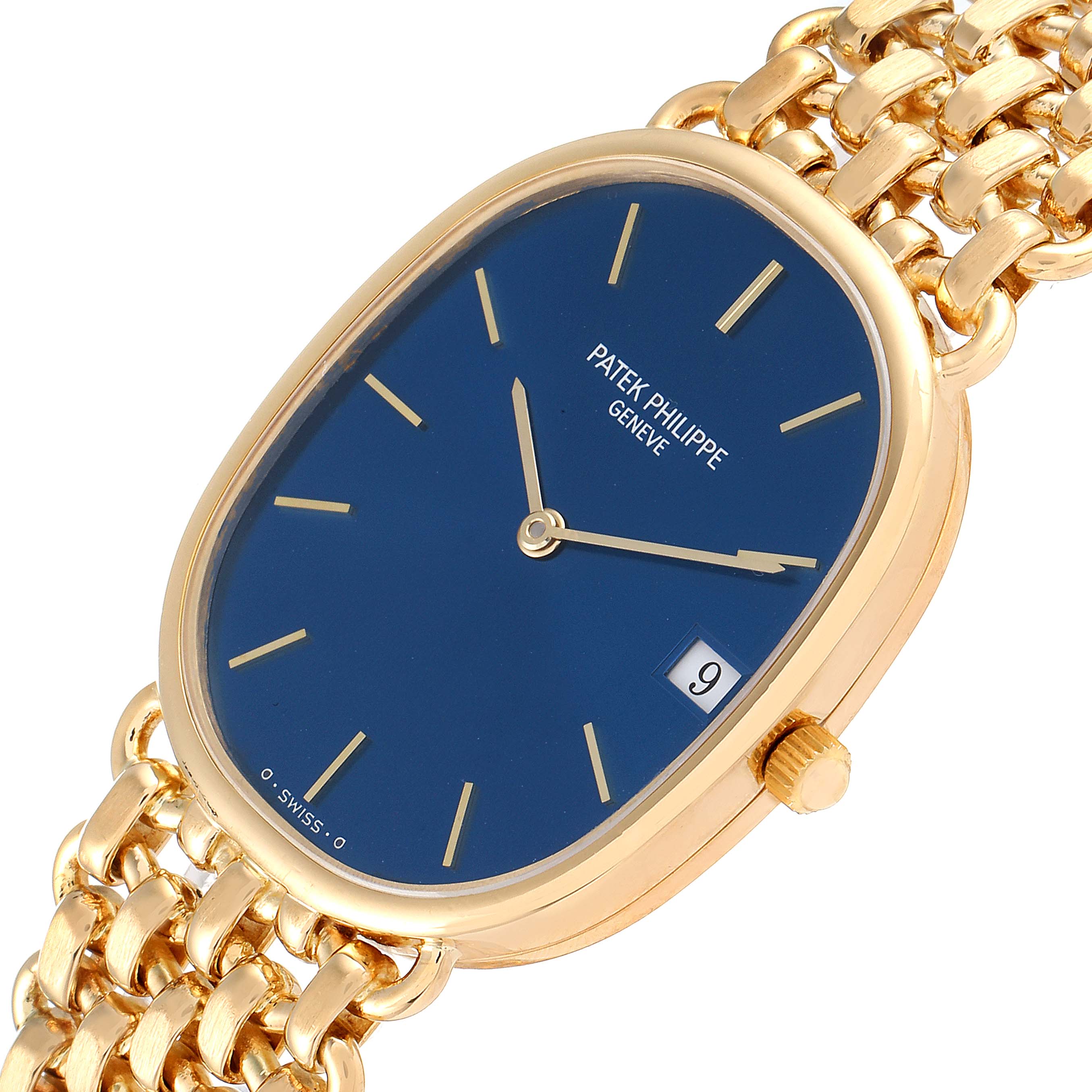 The image shows a Patek Philippe Golden Ellipse 3788 Women's Yellow Gold Blue Dial 3788 Women's Yellow Gold Blue Dial watch from an angled top view, highlighting the face, date display, and part of the bracelet.