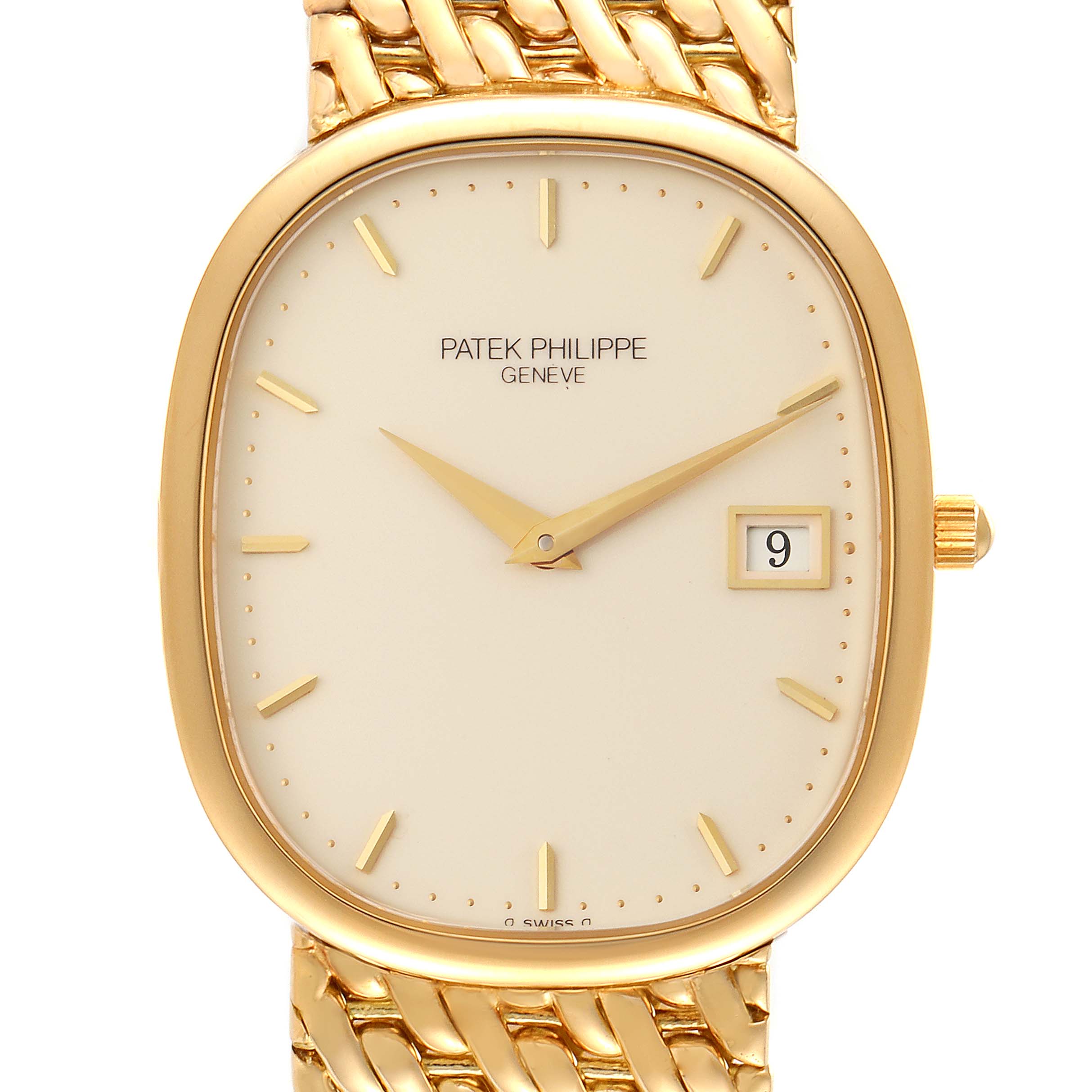 The image shows a front view of the Patek Philippe Golden Ellipse 3747/17 Men's Yellow Gold Beige Dial 3747/17 Men's Yellow Gold Beige Dial watch, highlighting the face, dial, and part of the band.