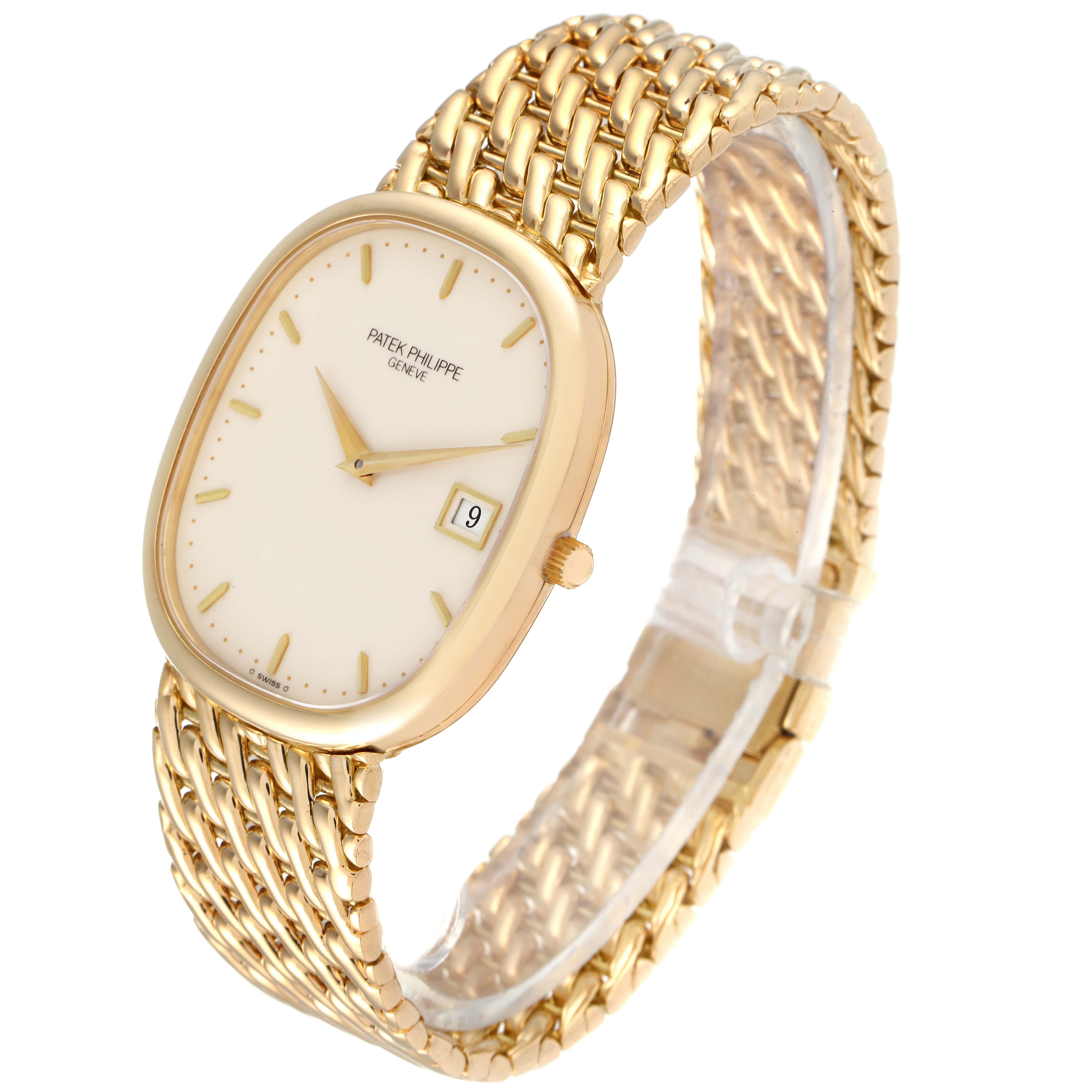 The image shows a side angle of the Patek Philippe Golden Ellipse 3747/17 Men's Yellow Gold Beige Dial 3747/17 Men's Yellow Gold Beige Dial watch, highlighting the bracelet, watch face, hands, and date display.