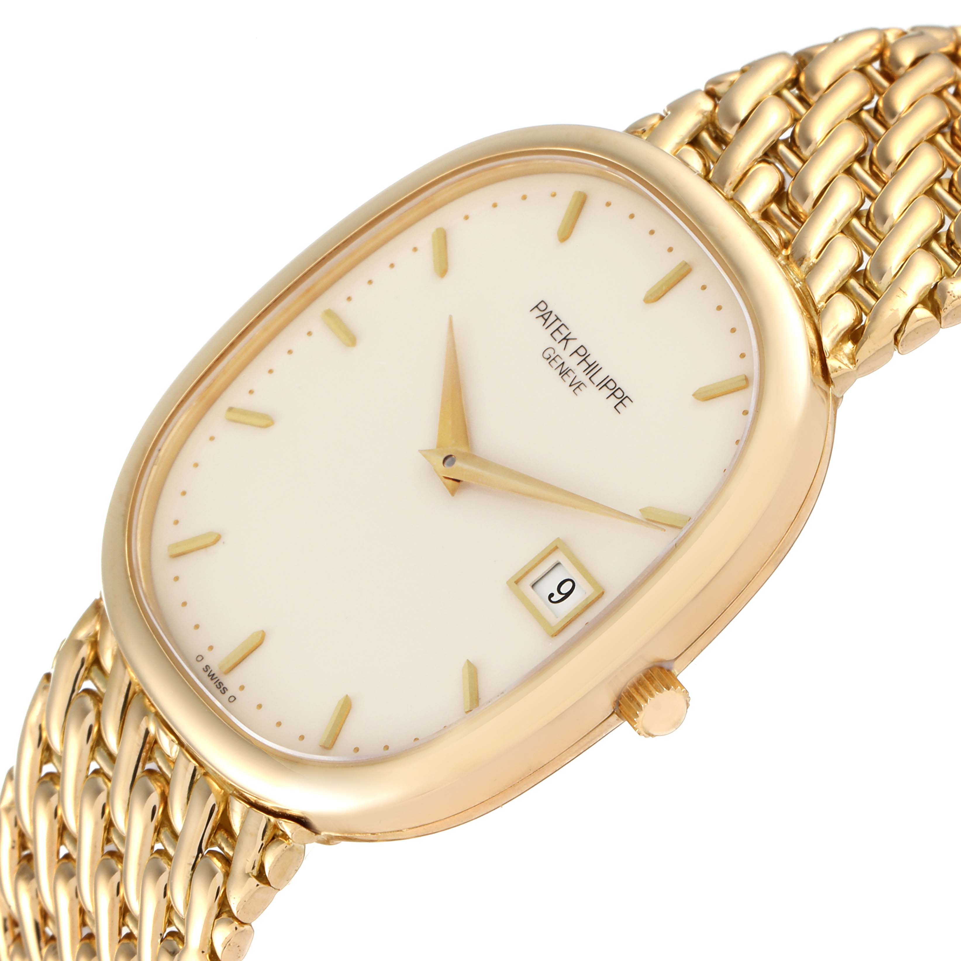 The image shows a close-up front view of the Patek Philippe Golden Ellipse 3747/17 Men's Yellow Gold Beige Dial 3747/17 Men's Yellow Gold Beige Dial watch, highlighting the dial, case, date window, and bracelet.