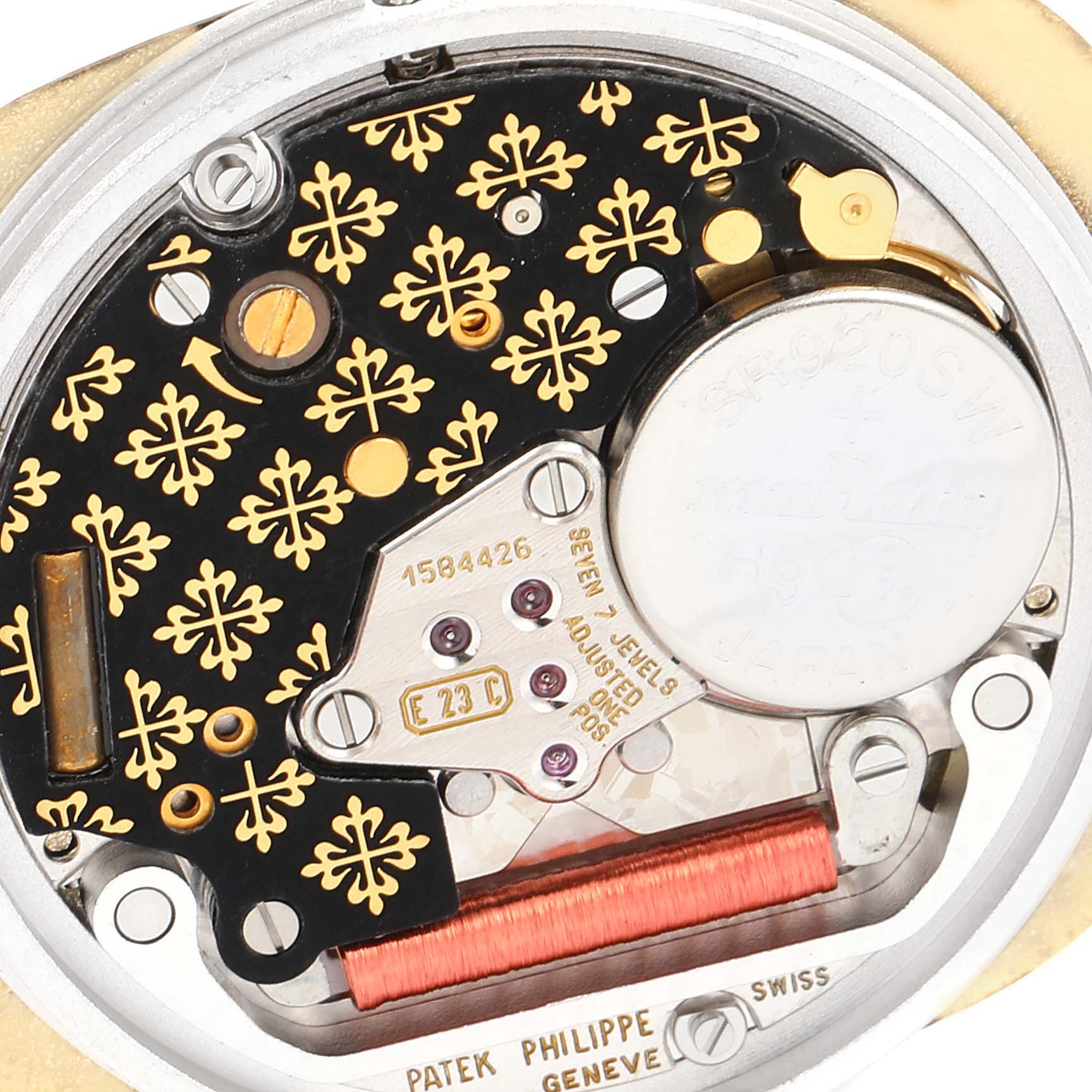 The image shows a close-up view of the inner mechanical parts of a Patek Philippe Golden Ellipse 3747/17 Men's Yellow Gold Beige Dial 3747/17 Men's Yellow Gold Beige Dial watch.