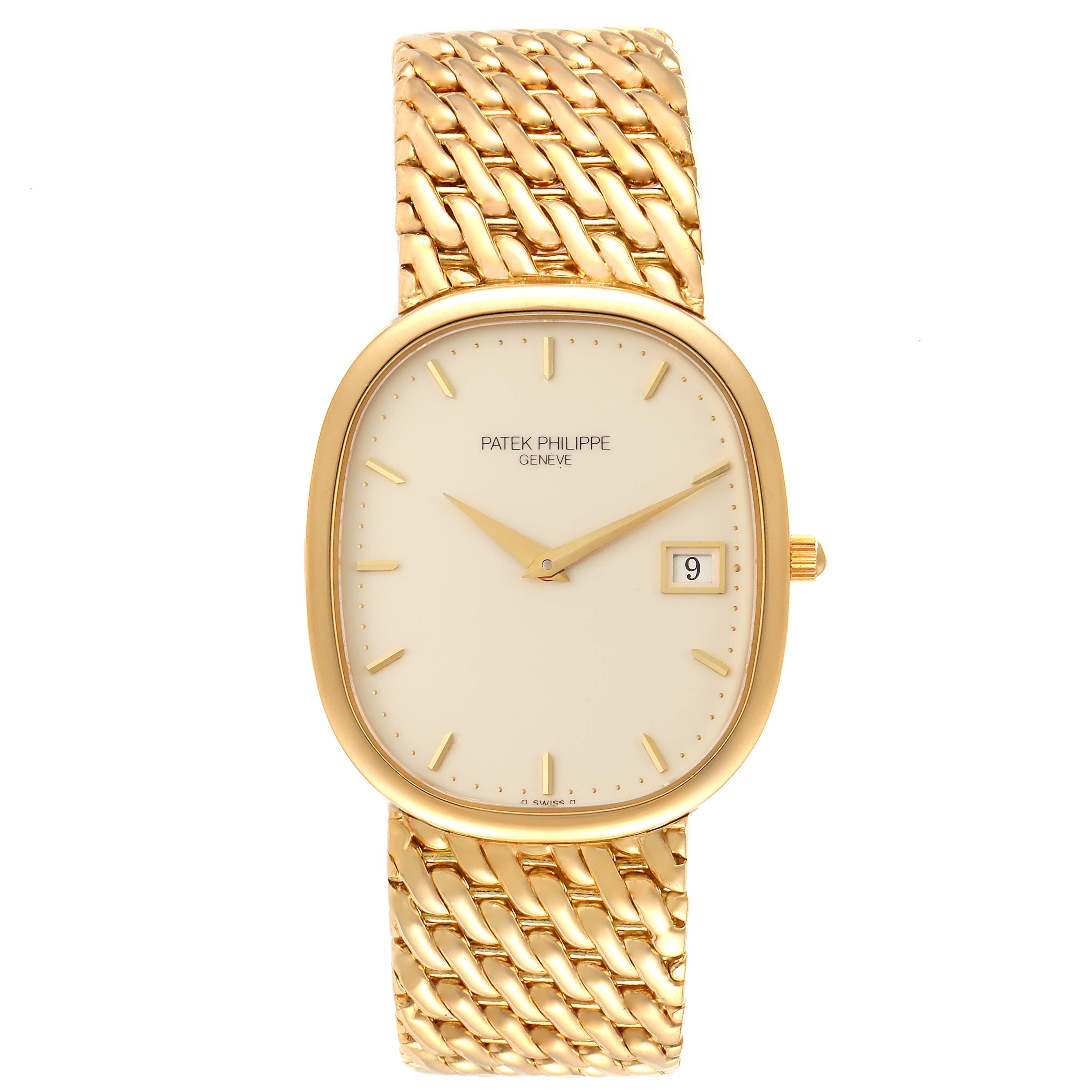 The image shows a front view of the Patek Philippe Golden Ellipse 3747/17 Men's Yellow Gold Beige Dial 3747/17 Men's Yellow Gold Beige Dial watch, highlighting its dial, hands, date window, and gold bracelet.