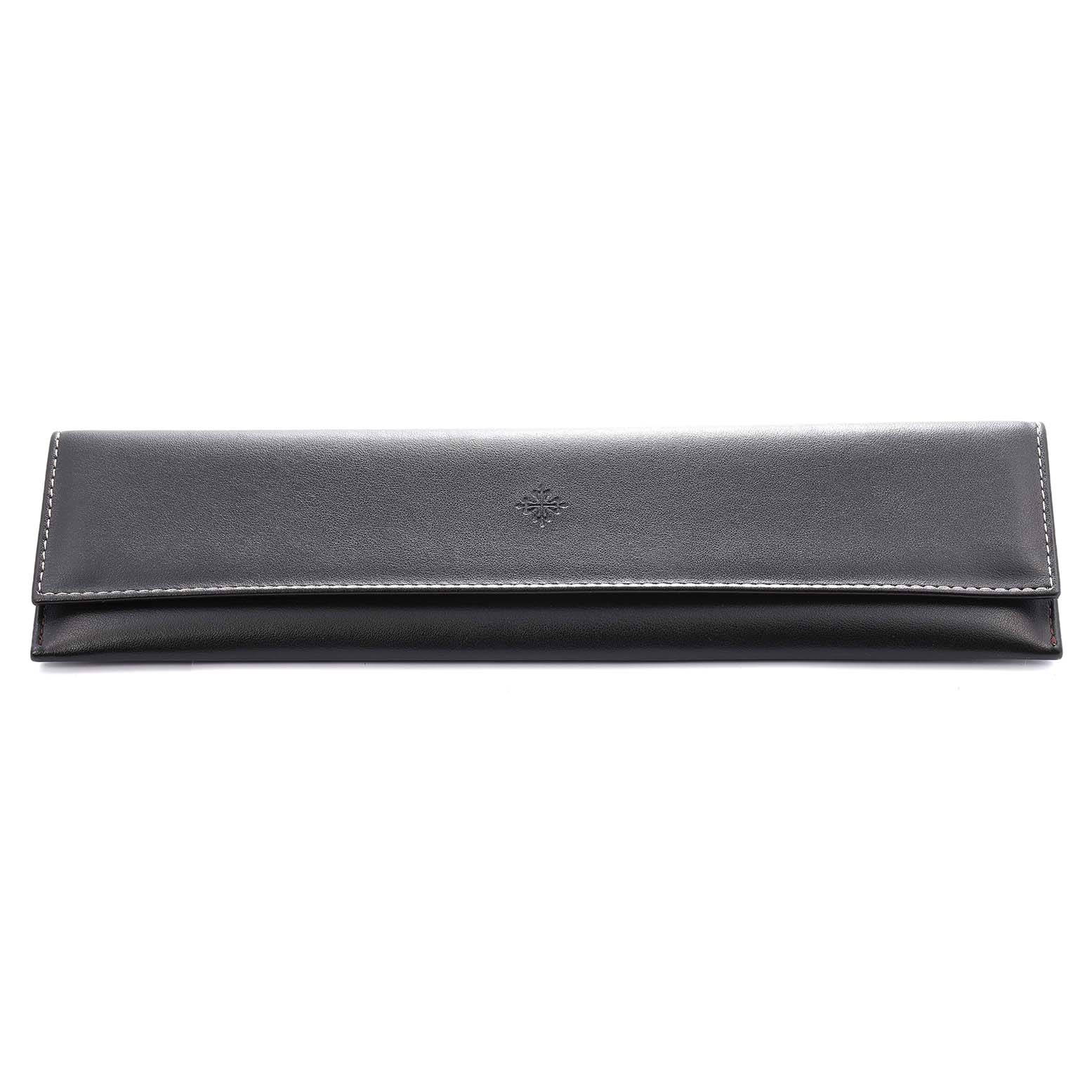 The image shows a black leather pouch, likely an accessory for the Patek Philippe Gondolo 5124 Men
s Yellow Gold Silver Dial watch, viewed from the front.