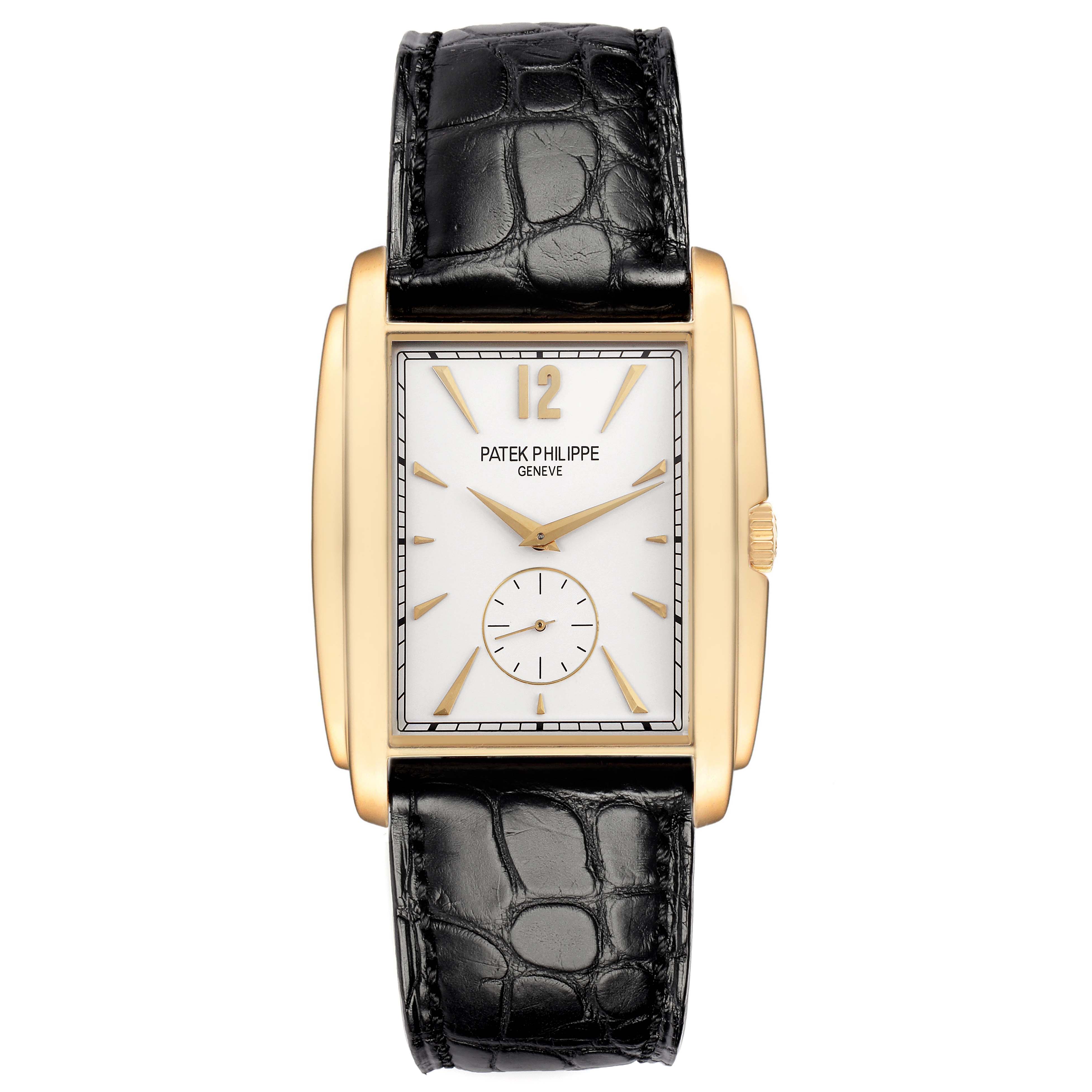 The Patek Philippe Gondolo 5124 Men
s Yellow Gold Silver Dial watch is shown from a front view, displaying the rectangular gold case, white dial, and black leather strap.