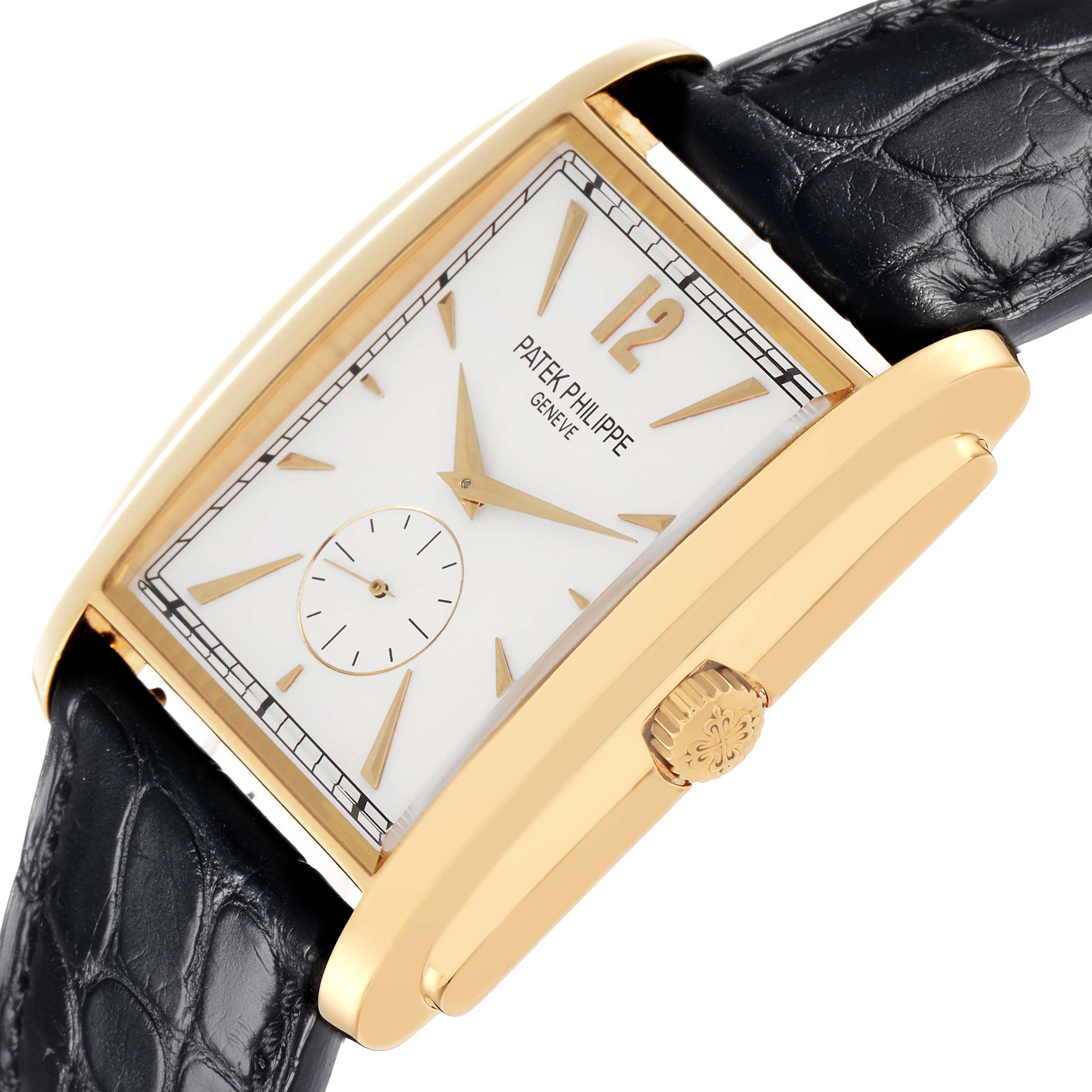 The image shows a side angle of the Patek Philippe Gondolo 5124 Men
s Yellow Gold Silver Dial watch, highlighting its gold case, crown, and black leather strap.