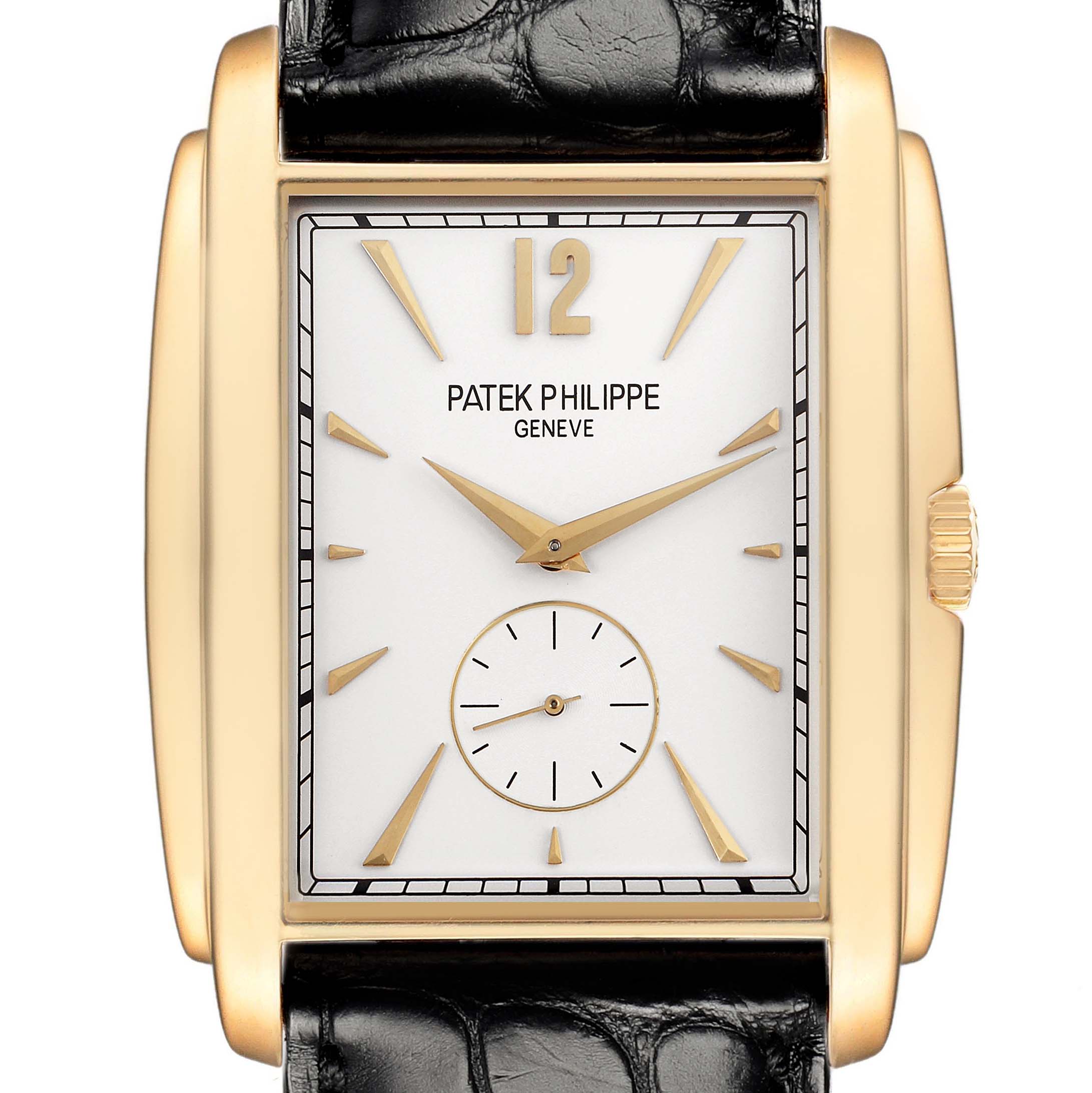 The Patek Philippe Gondolo 5124 Men
s Yellow Gold Silver Dial watch is shown from a front view, displaying its rectangular gold case, white dial, and black leather strap.