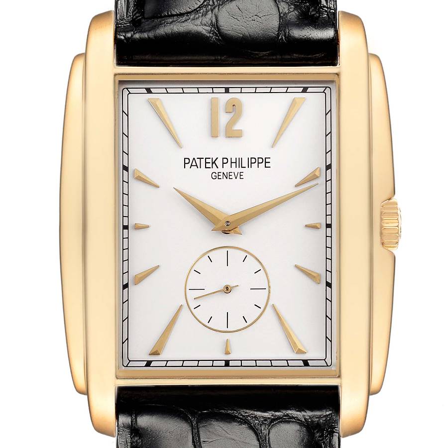 The Patek Philippe Gondolo 5124 Men's Yellow Gold Silver Dial watch is shown from a front view, displaying its rectangular gold case, white dial, and black leather strap.
