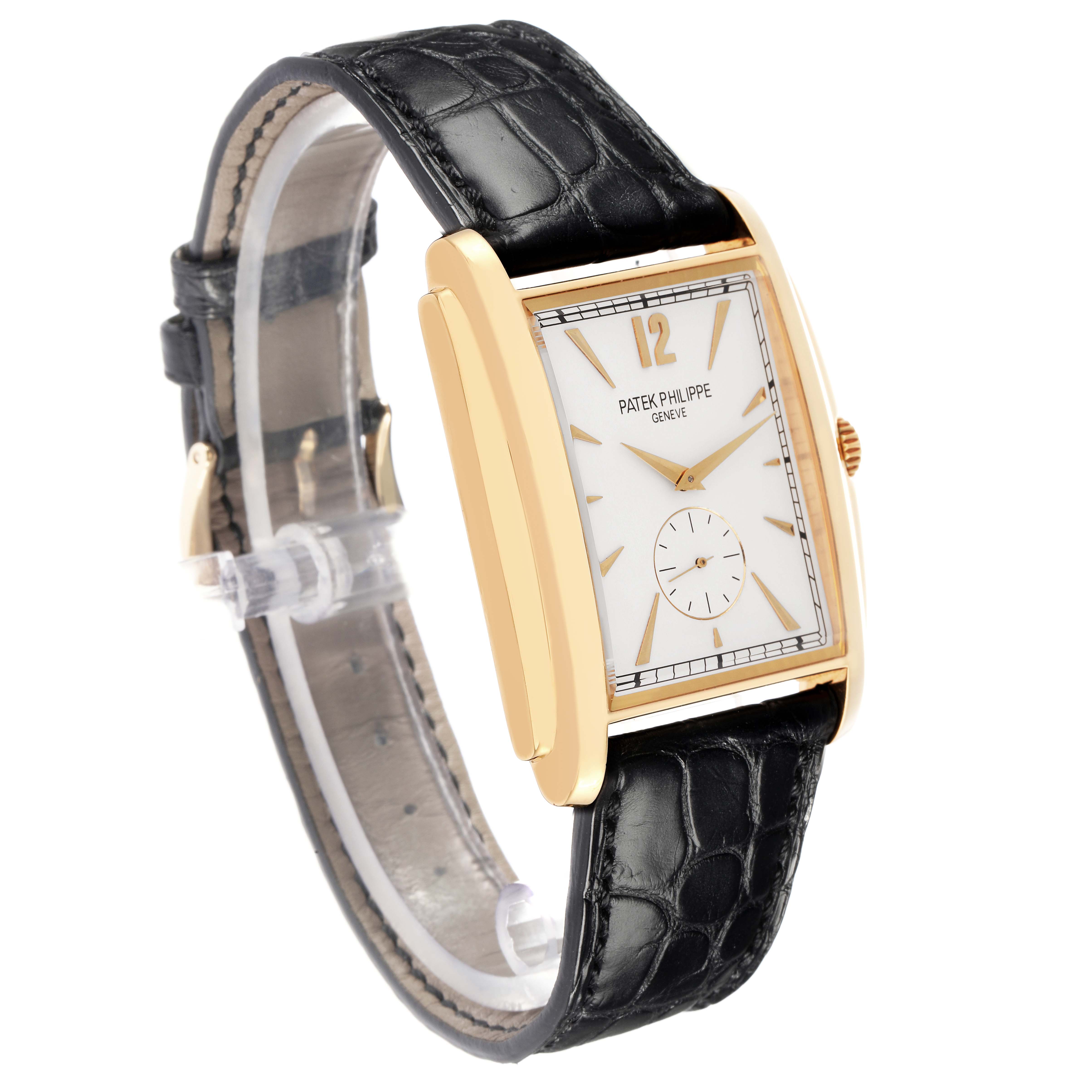 This image shows a side and angled front view of the Patek Philippe Gondolo 5124 Men
s Yellow Gold Silver Dial watch, highlighting the case, dial, and strap.