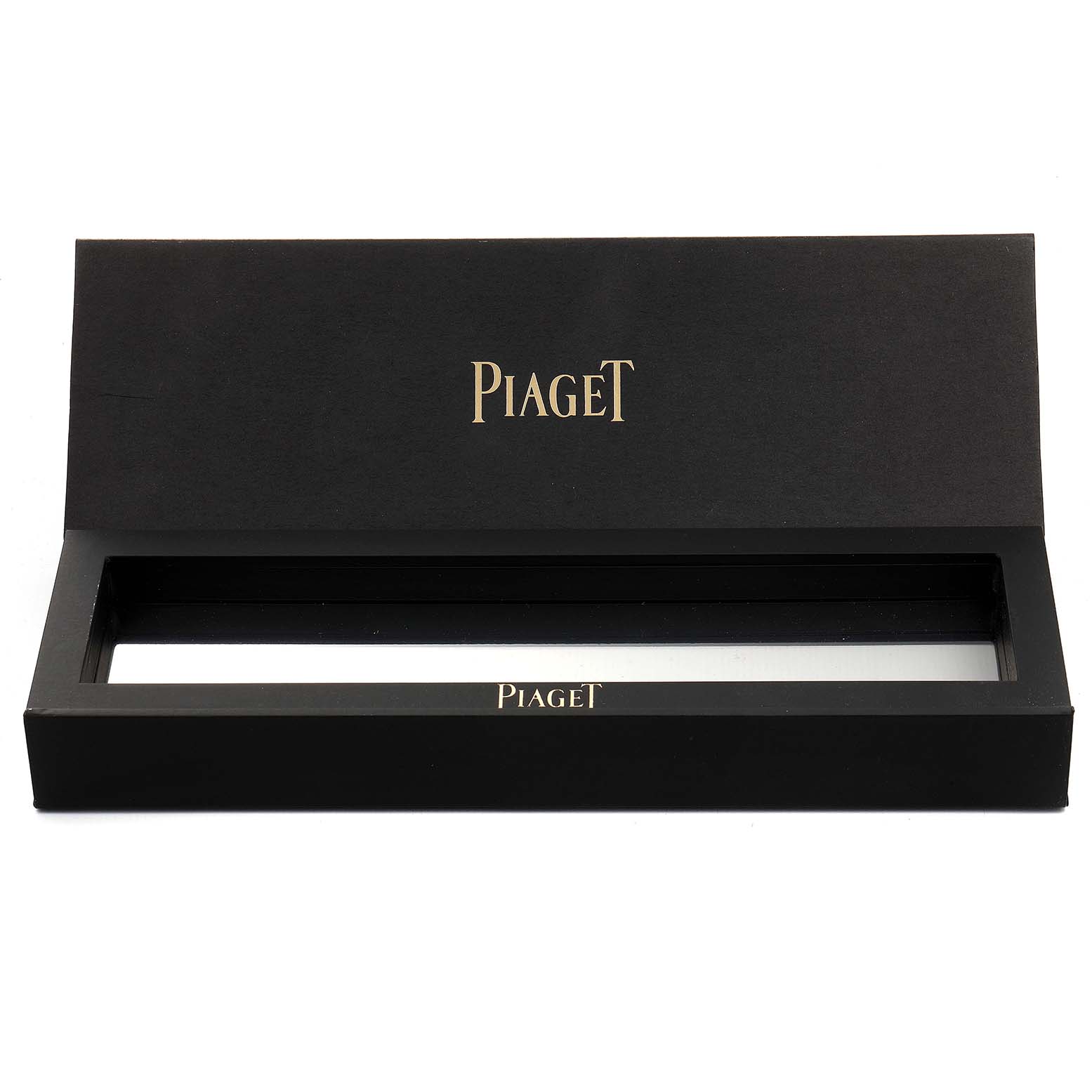 The image shows the open box of the Piaget P10242 Women's Yellow Gold Green Dial P10242 Women's Yellow Gold Green Dial 18k Yellow Gold Jadeite Dial Diamond Ladies Watch P10242, viewed from the top front angle.