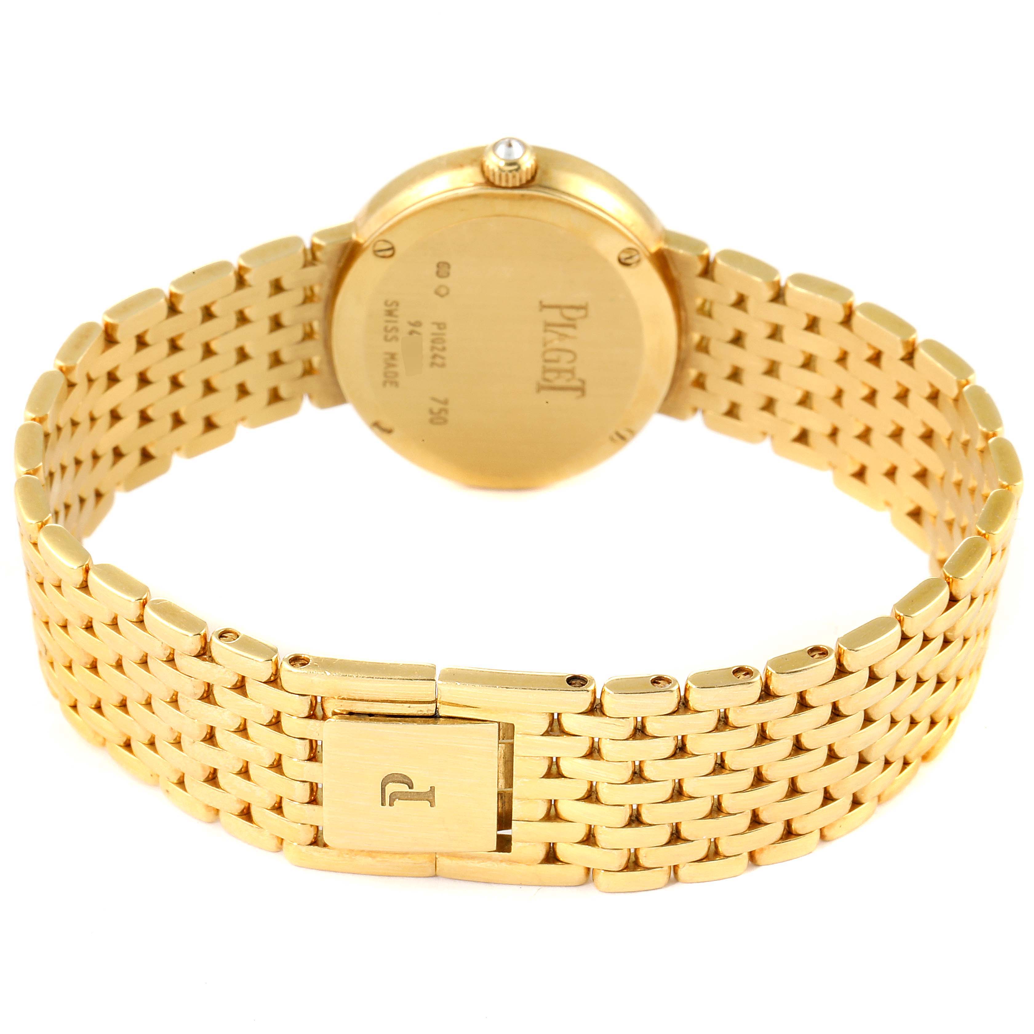 This image shows the back and clasp of the Piaget P10242 Women's Yellow Gold Green Dial P10242 Women's Yellow Gold Green Dial P10242 18k Yellow Gold Jadeite Dial Diamond Ladies Watch.