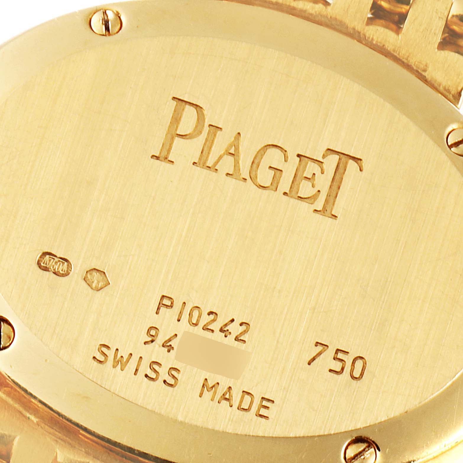 The image shows the back casing of the Piaget P10242 Women's Yellow Gold Green Dial P10242 Women's Yellow Gold Green Dial P10242 18k Yellow Gold Jadeite Dial Diamond Ladies Watch.