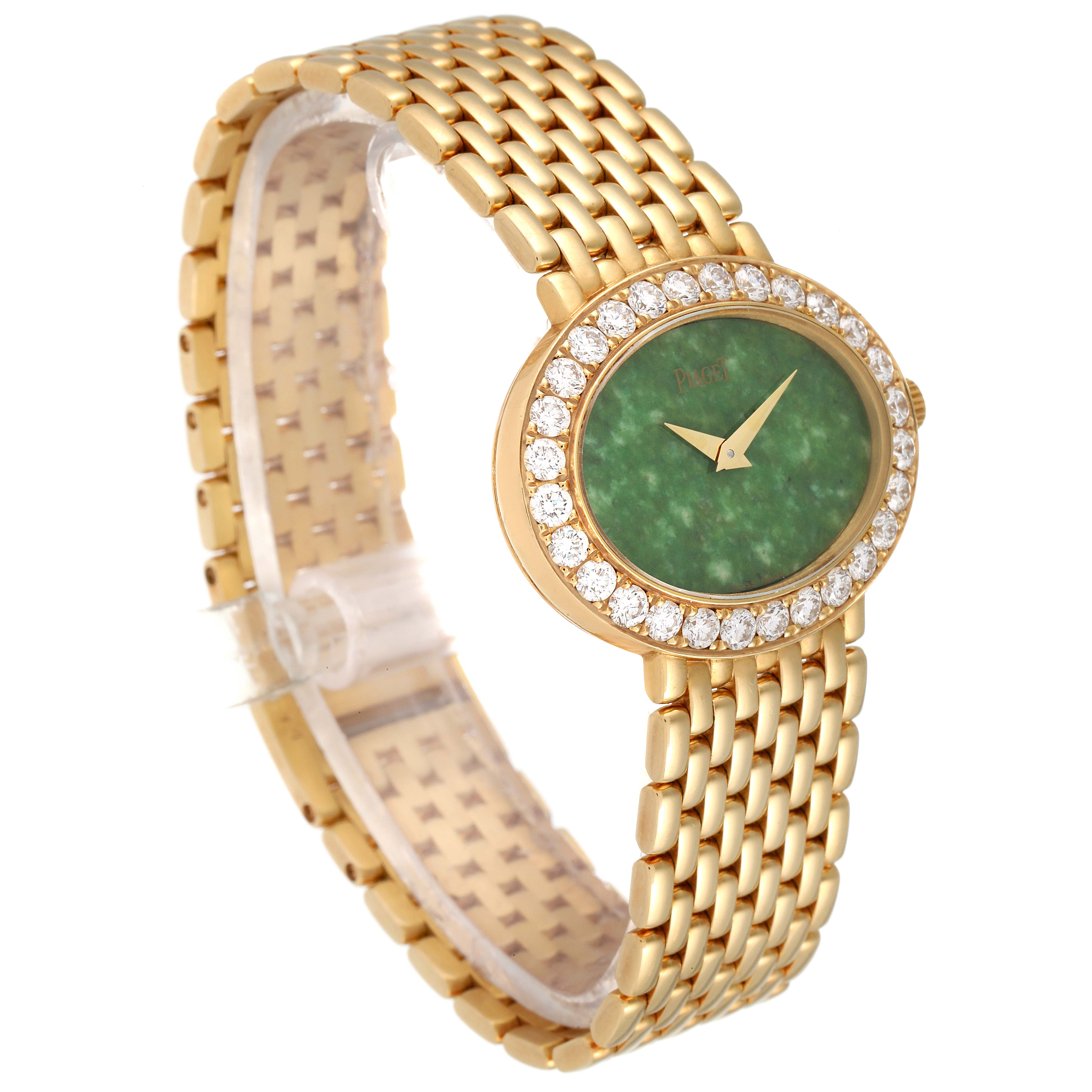 The Piaget P10242 Women's Yellow Gold Green Dial P10242 Women's Yellow Gold Green Dial P10242 18k Yellow Gold Jadeite Dial Diamond Ladies Watch is shown at a slight angle, depicting the face, bezel, and part of the bracelet.